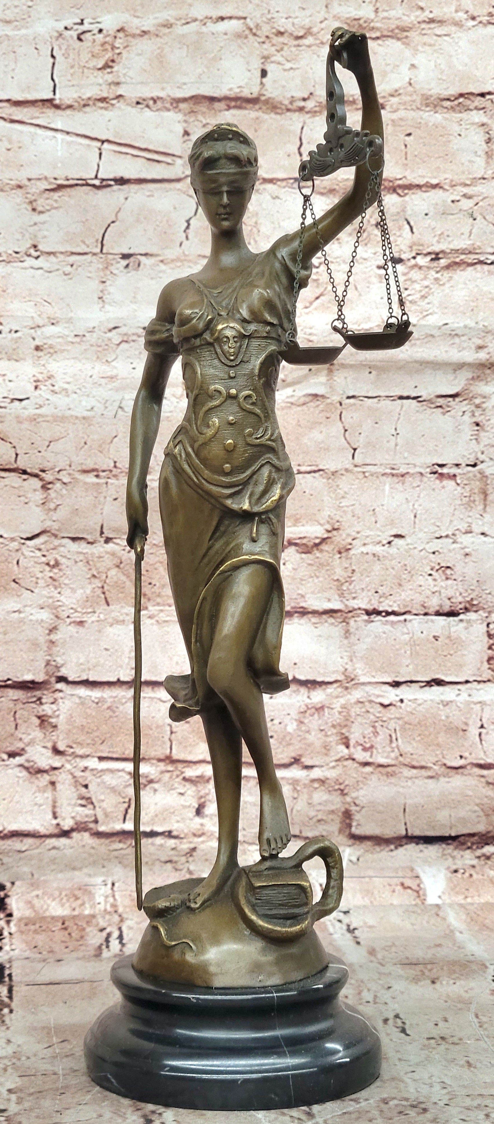 Real Bronze Metal Statue with Marble Lady Blind Justice Scales Lawyer Sculpture