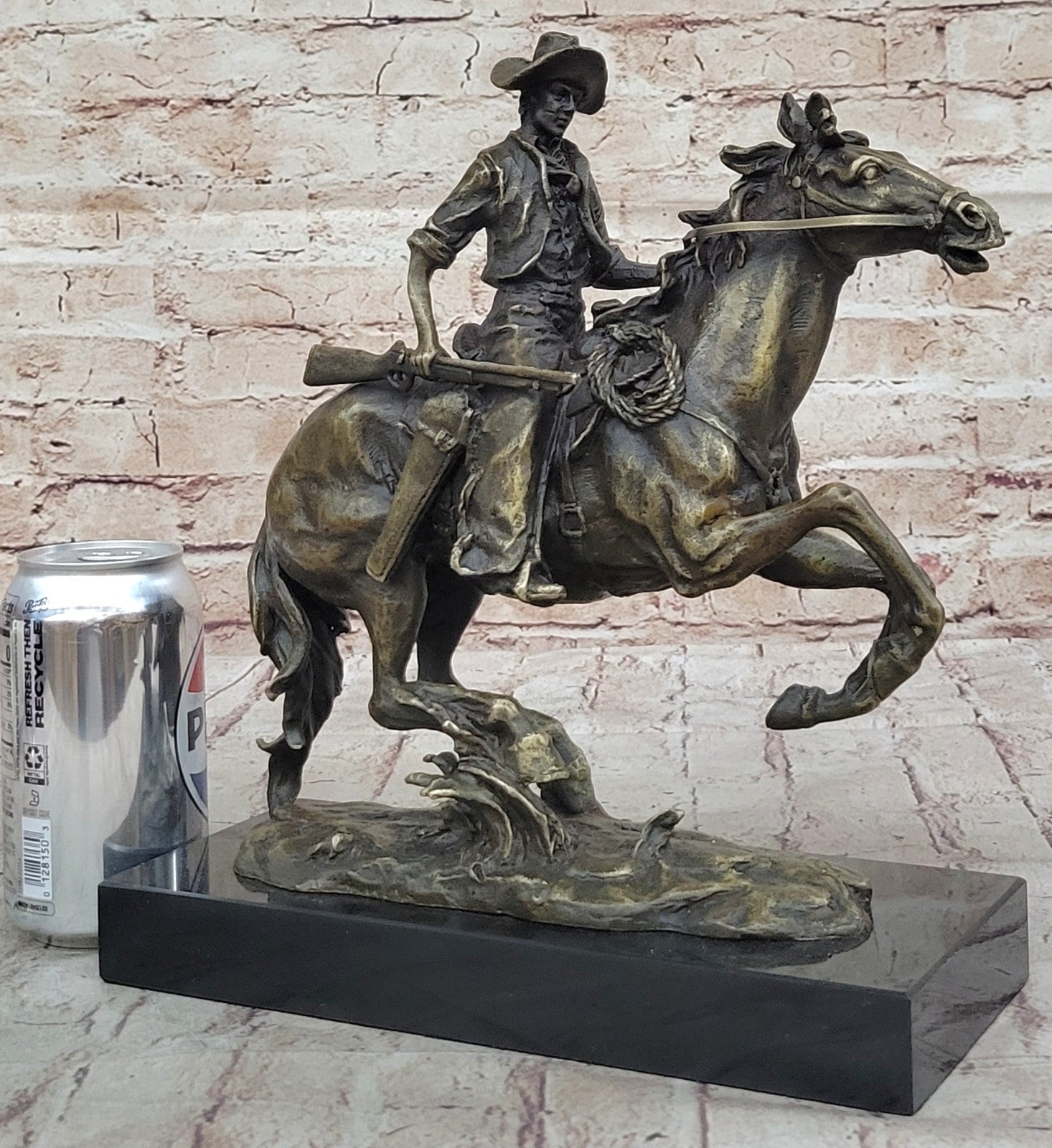 Bronze Sculpture Cowboy on Horse With Rifle Remington Tribute Statue Figurine