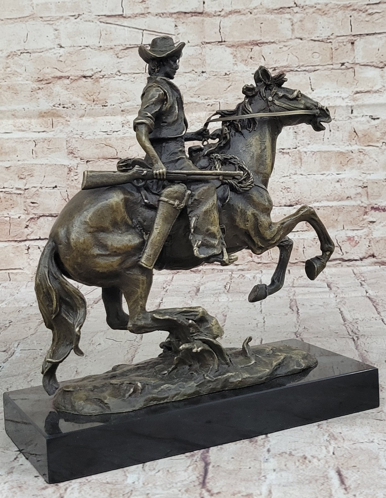 Bronze Sculpture Cowboy on Horse With Rifle Remington Tribute Statue Figurine