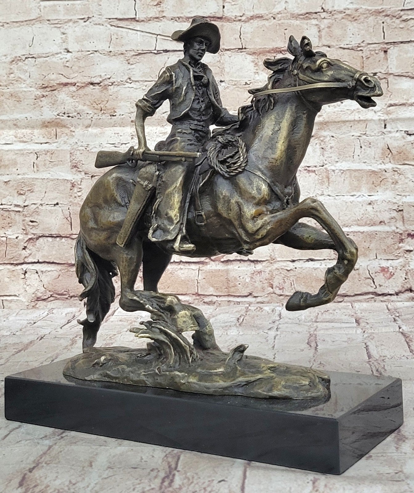 Bronze Sculpture Cowboy on Horse With Rifle Remington Tribute Statue Figurine