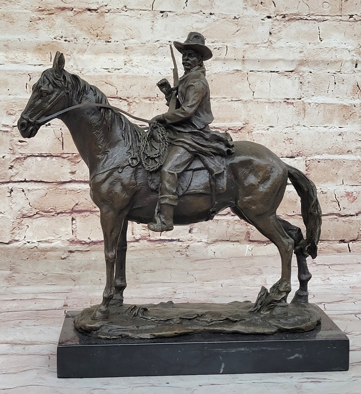 Signed Western Cowboy with Gorgeous Horse Bronze Statue Art Decor Wild West