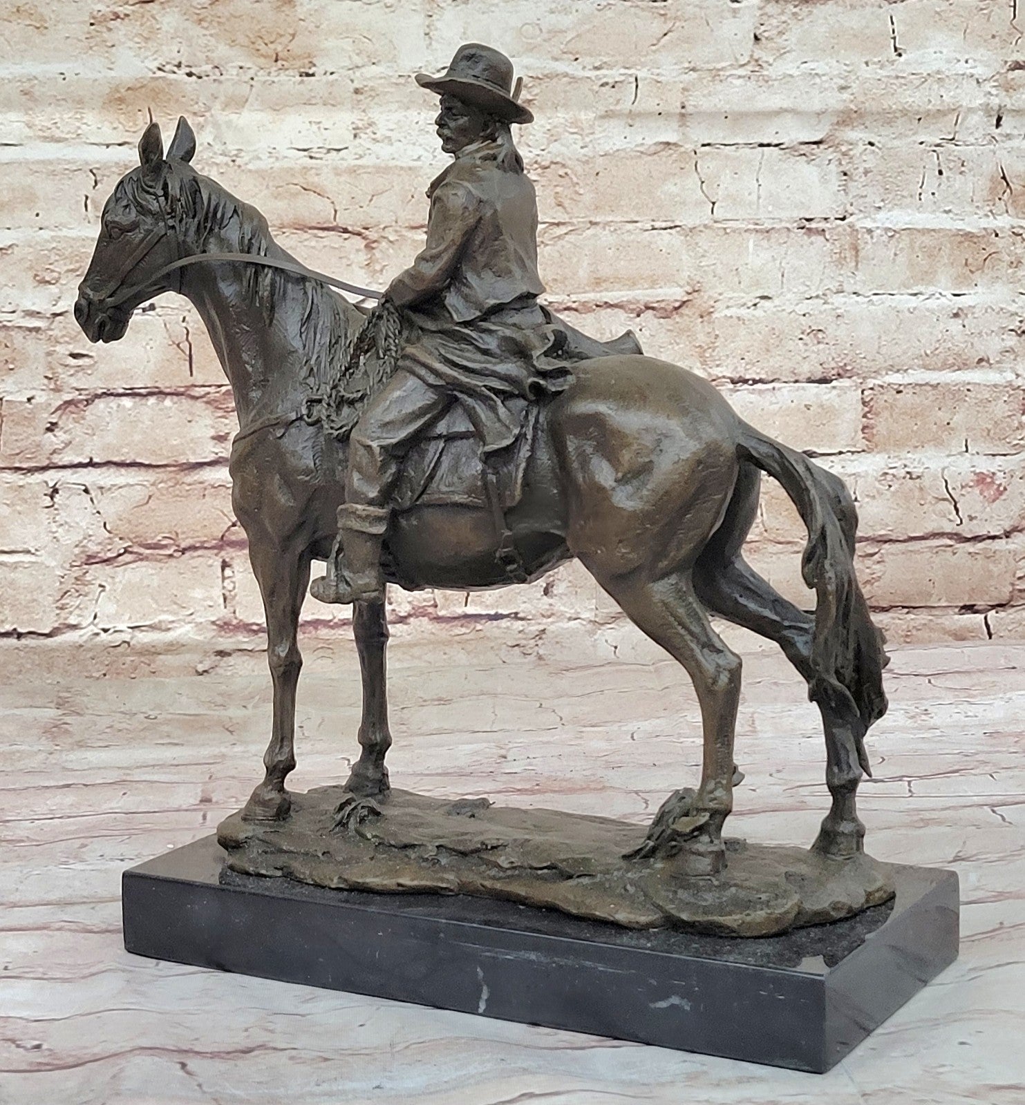 Signed Western Cowboy with Gorgeous Horse Bronze Statue Art Decor Wild West