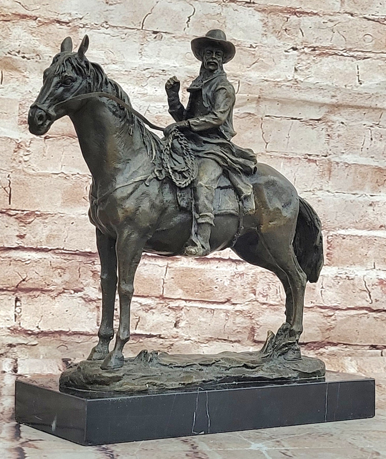 Signed Western Cowboy with Gorgeous Horse Bronze Statue Art Decor Wild West