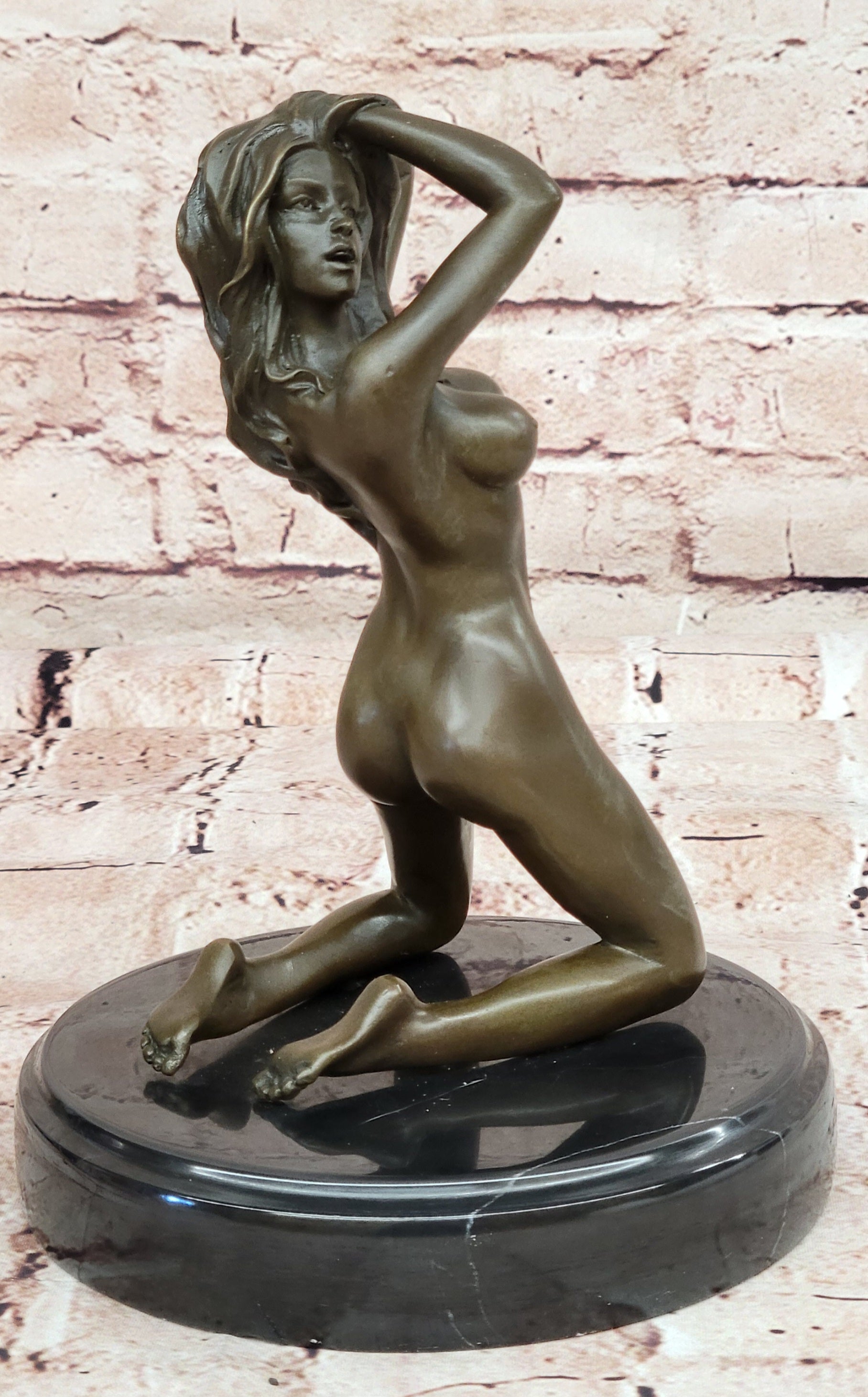 Signed Real Bronze on Marble Base Bookend Sculpture Nude Girl Exposed Breasts