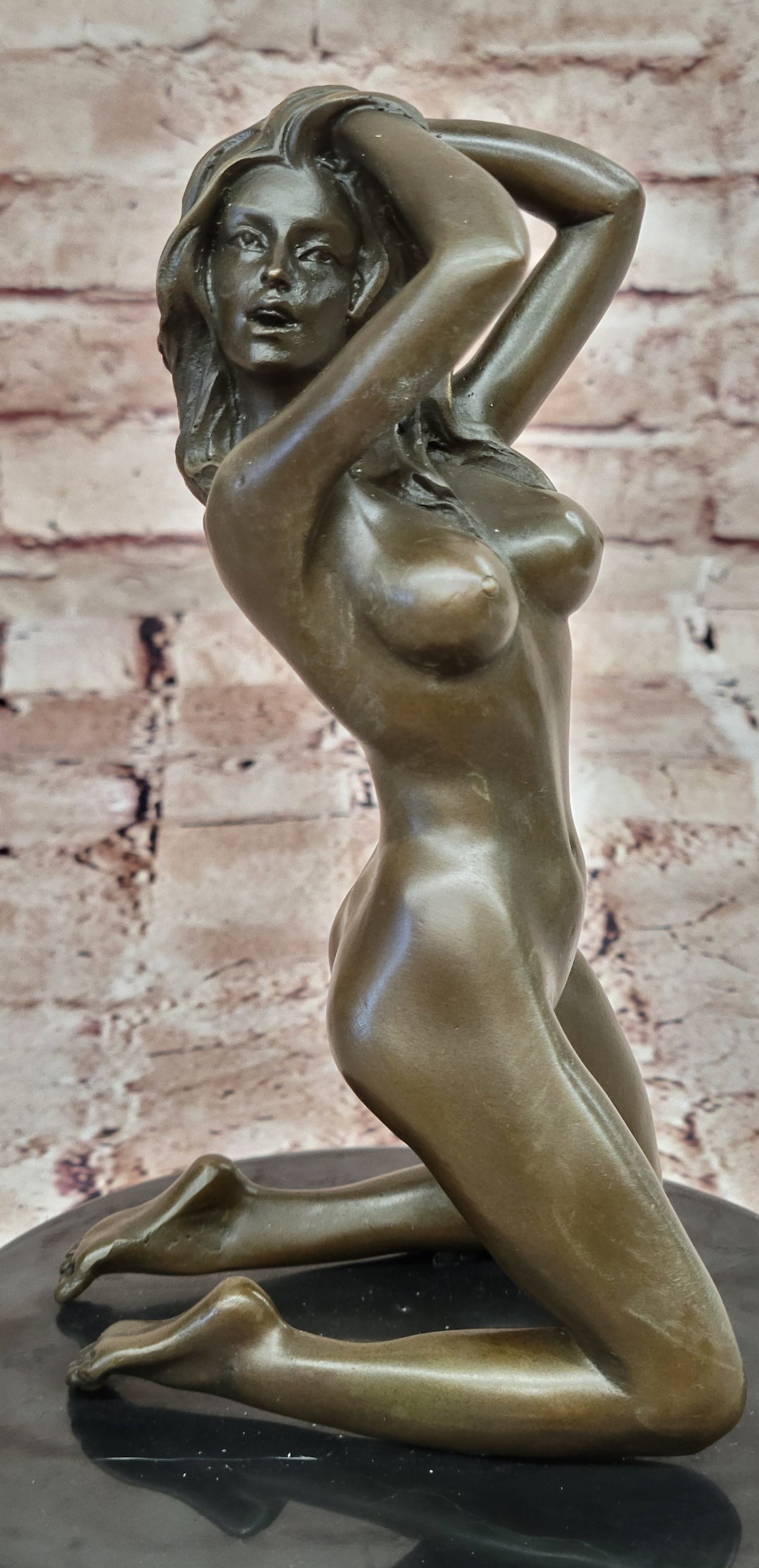Signed Real Bronze on Marble Base Bookend Sculpture Nude Girl Exposed Breasts