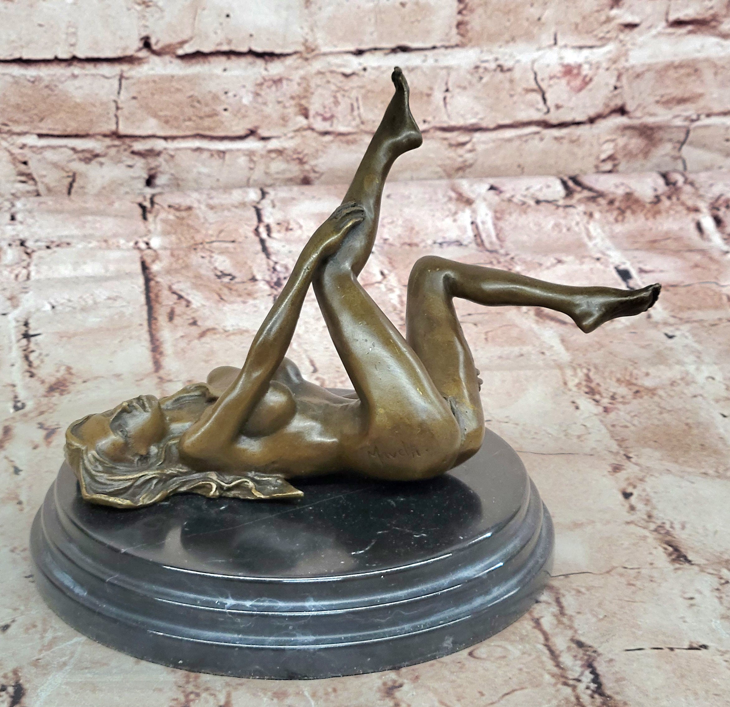 Signed Real Bronze on Marble Base Bookend Sculpture Nude Girl Exposed Breasts