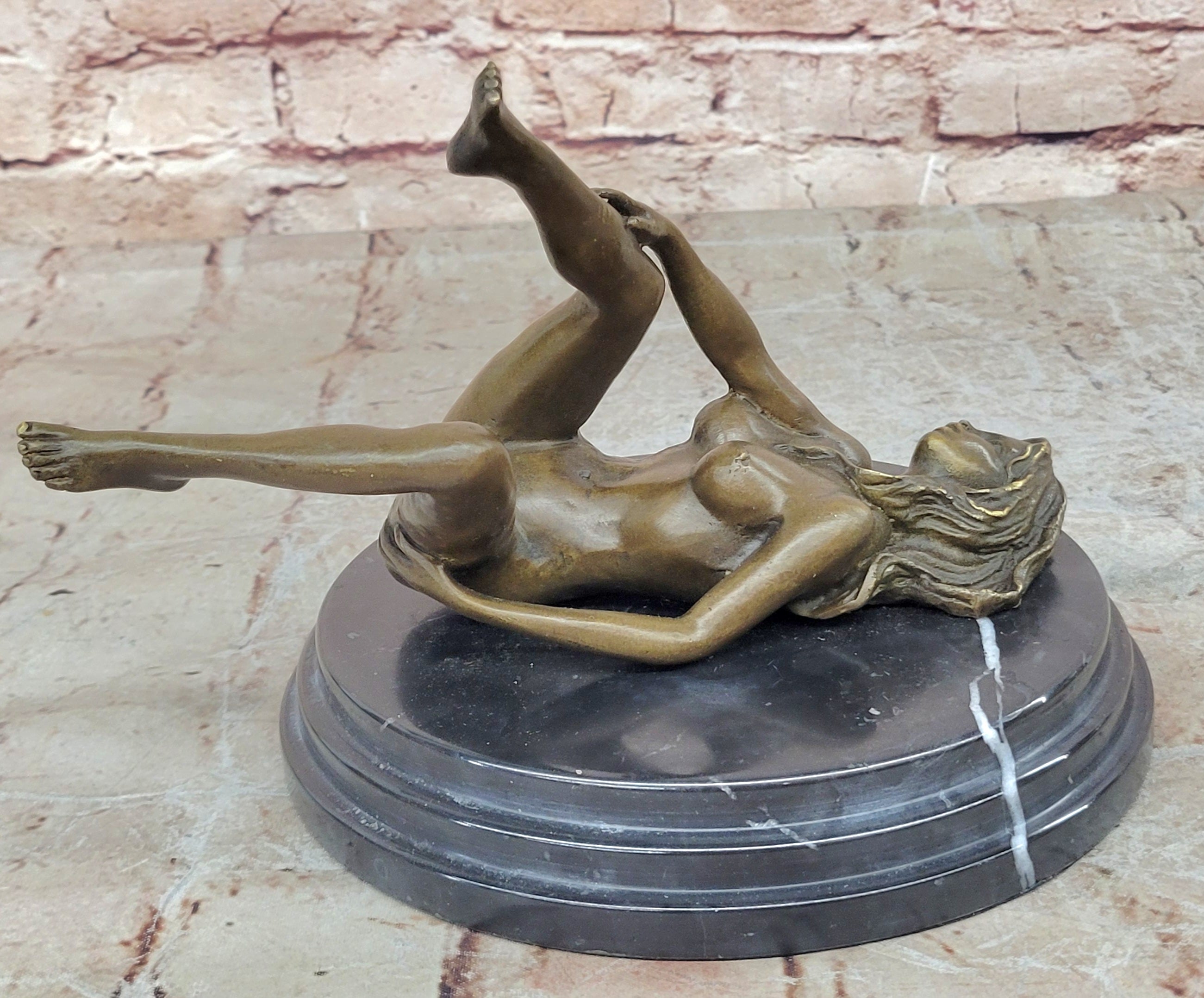 Signed Real Bronze on Marble Base Bookend Sculpture Nude Girl Exposed Breasts
