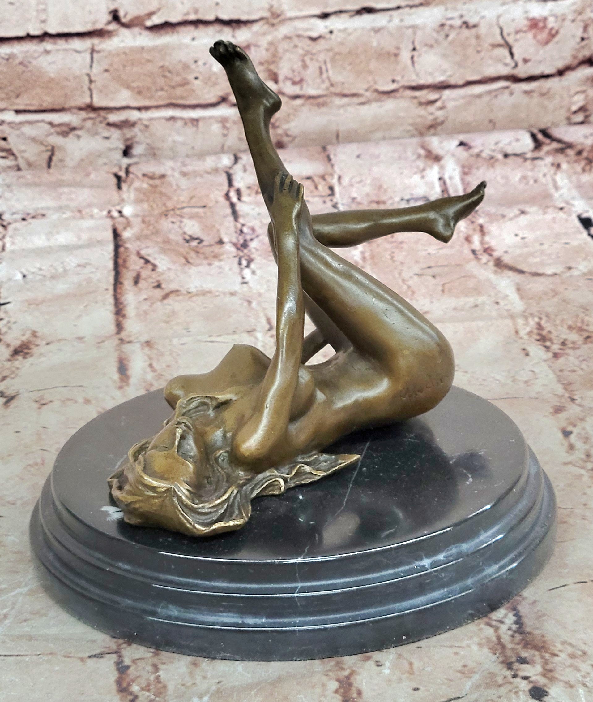 Signed Real Bronze on Marble Base Bookend Sculpture Nude Girl Exposed Breasts