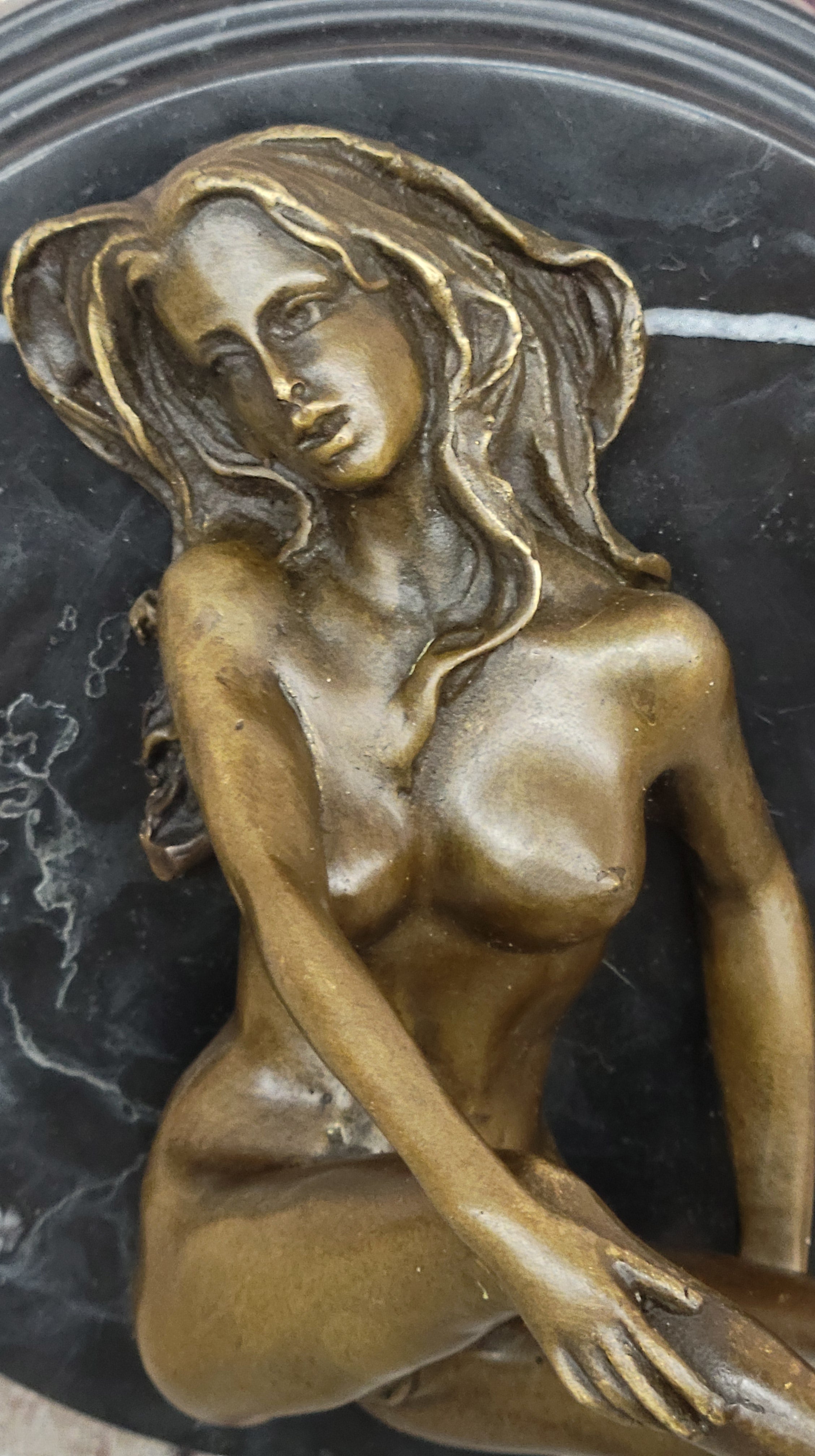 Signed Real Bronze on Marble Base Bookend Sculpture Nude Girl Exposed Breasts