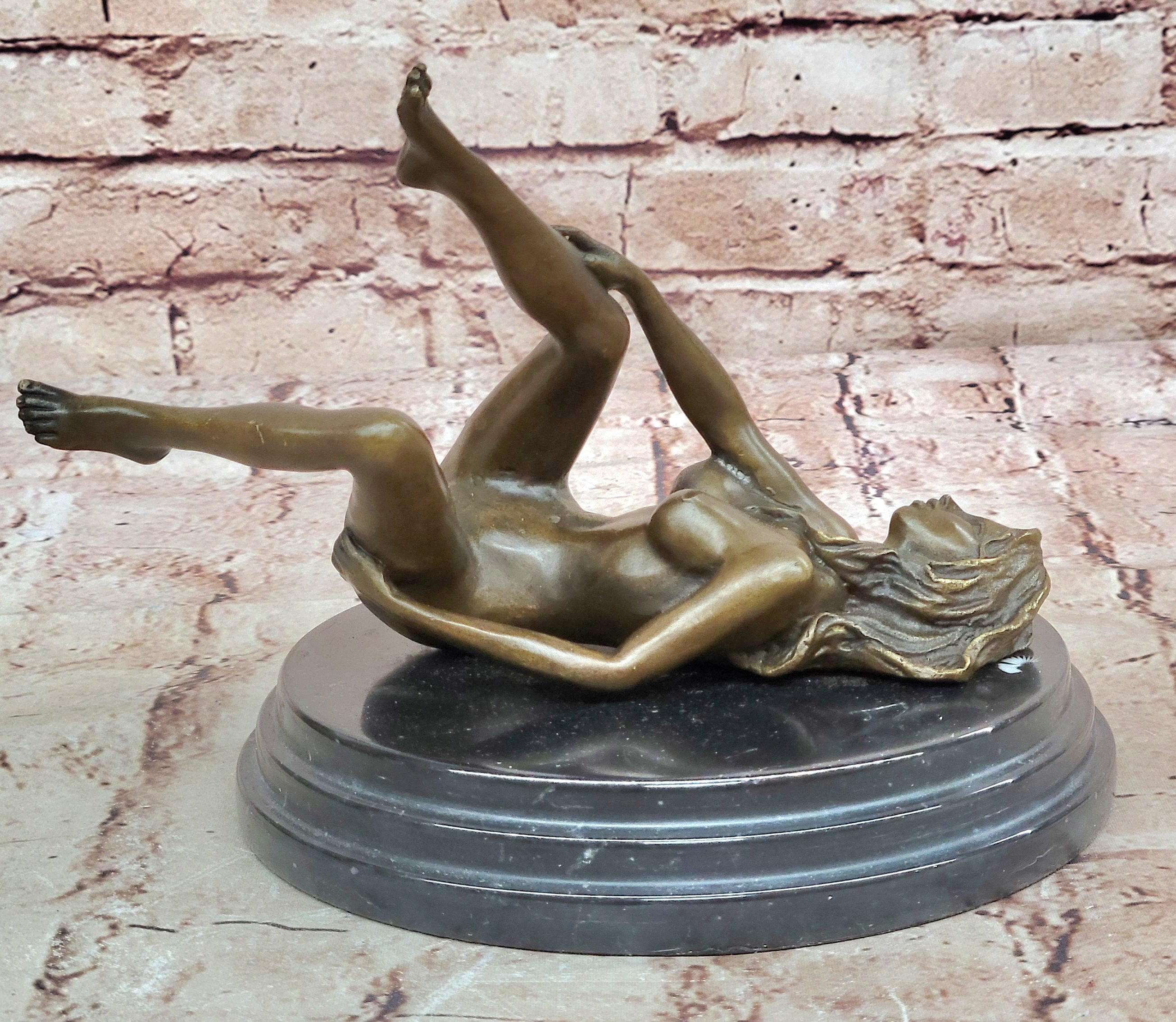 Signed Real Bronze on Marble Base Bookend Sculpture Nude Girl Exposed Breasts