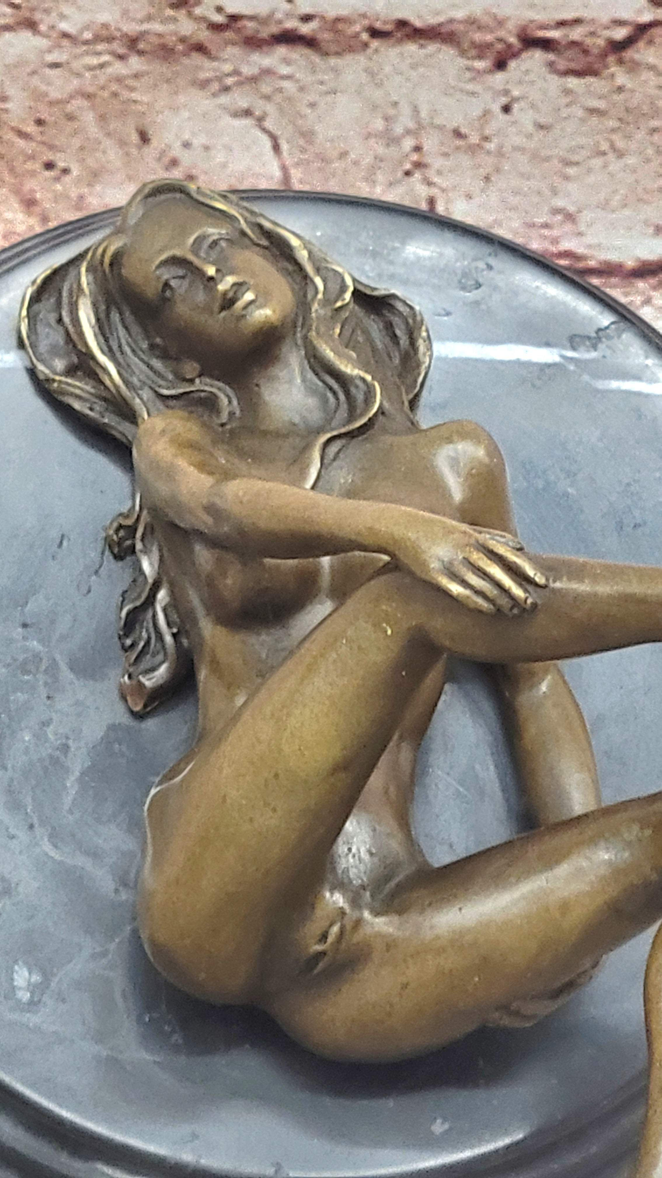 Signed Real Bronze on Marble Base Bookend Sculpture Nude Girl Exposed Breasts