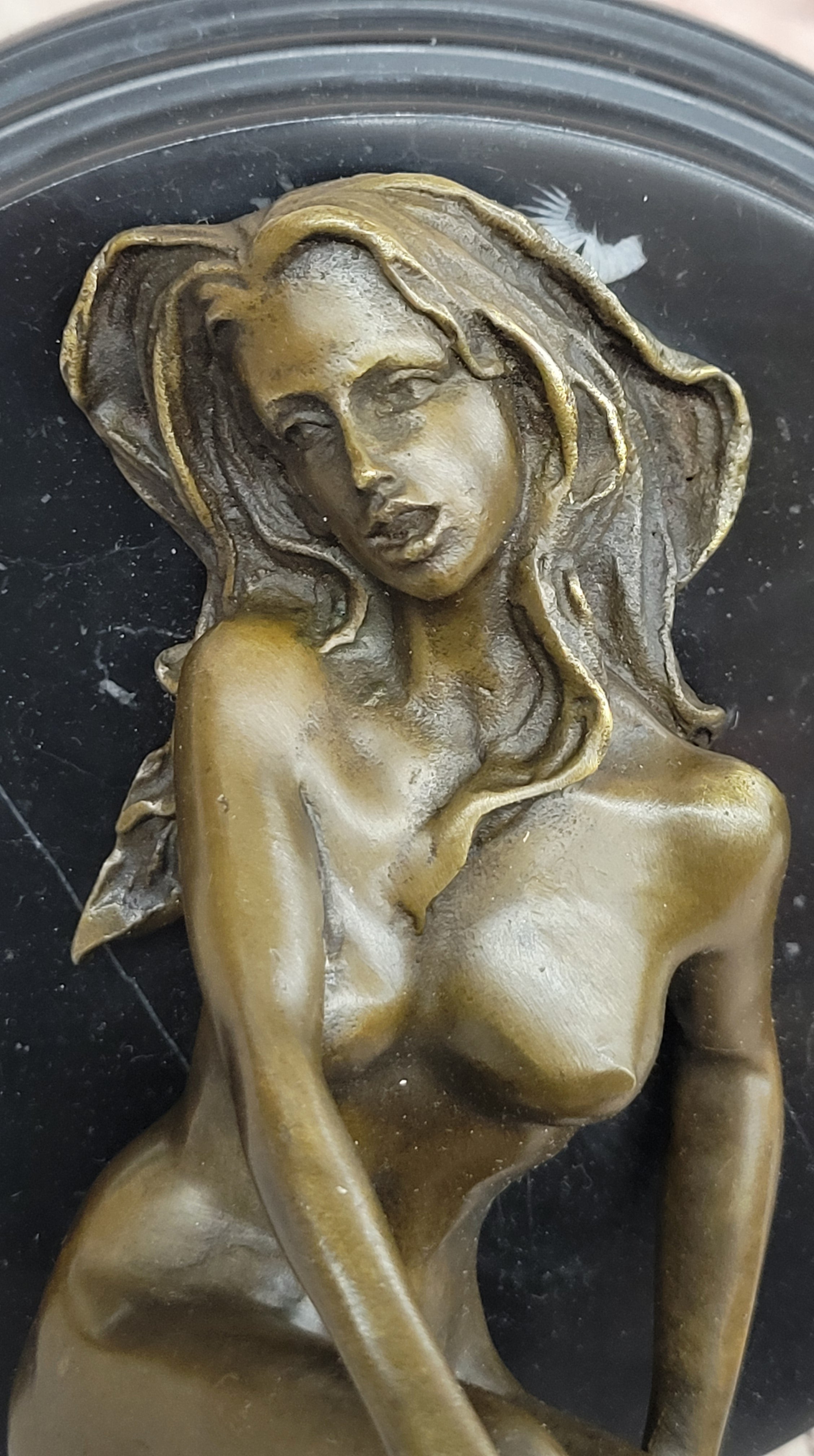 Signed Real Bronze on Marble Base Bookend Sculpture Nude Girl Exposed Breasts