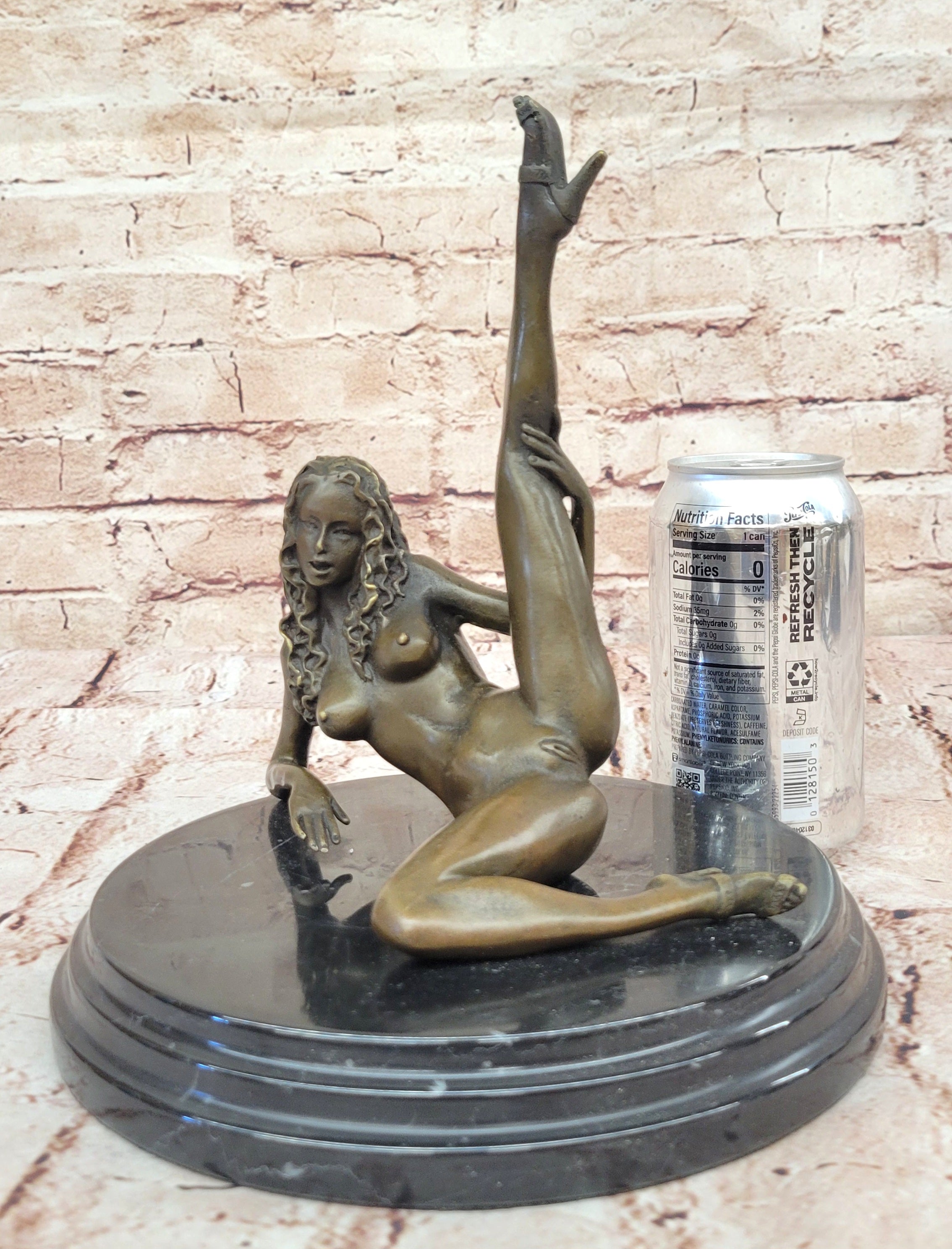 Handcrafted Nude Woman Exposing Herself Bronze Sculpture Marble Base Figurine