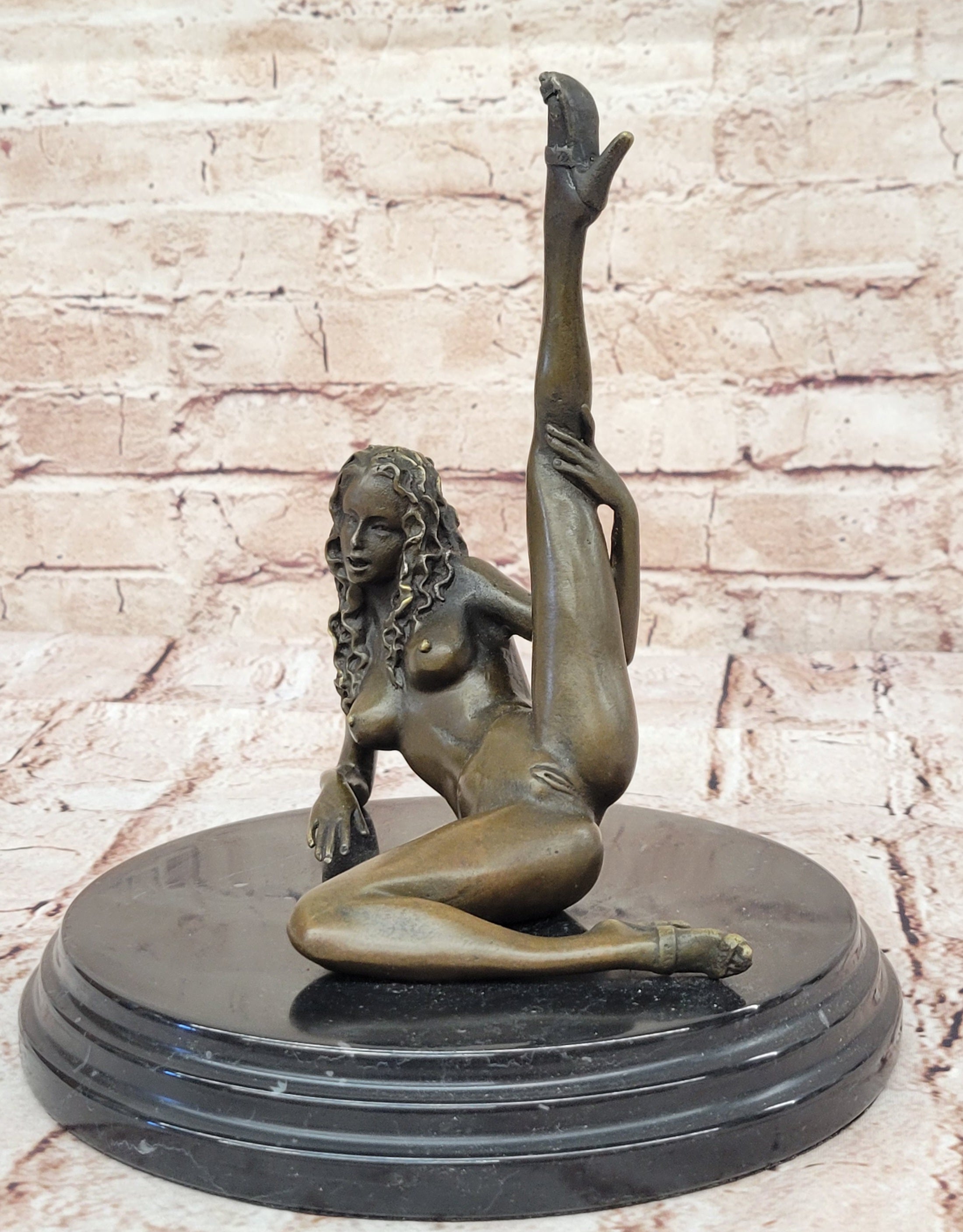 Handcrafted Nude Woman Exposing Herself Bronze Sculpture Marble Base Figurine