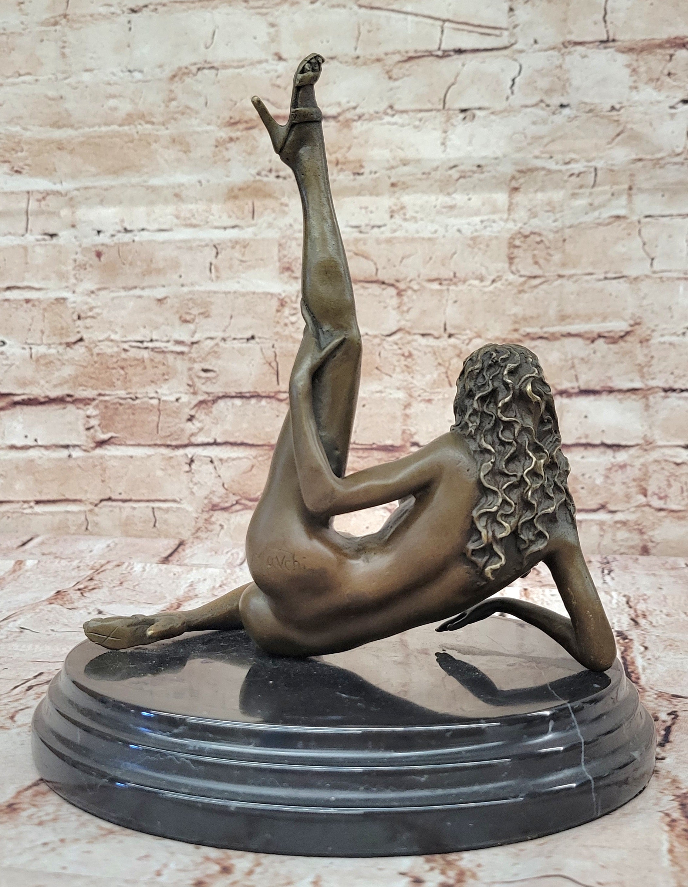 Handcrafted Nude Woman Exposing Herself Bronze Sculpture Marble Base Figurine