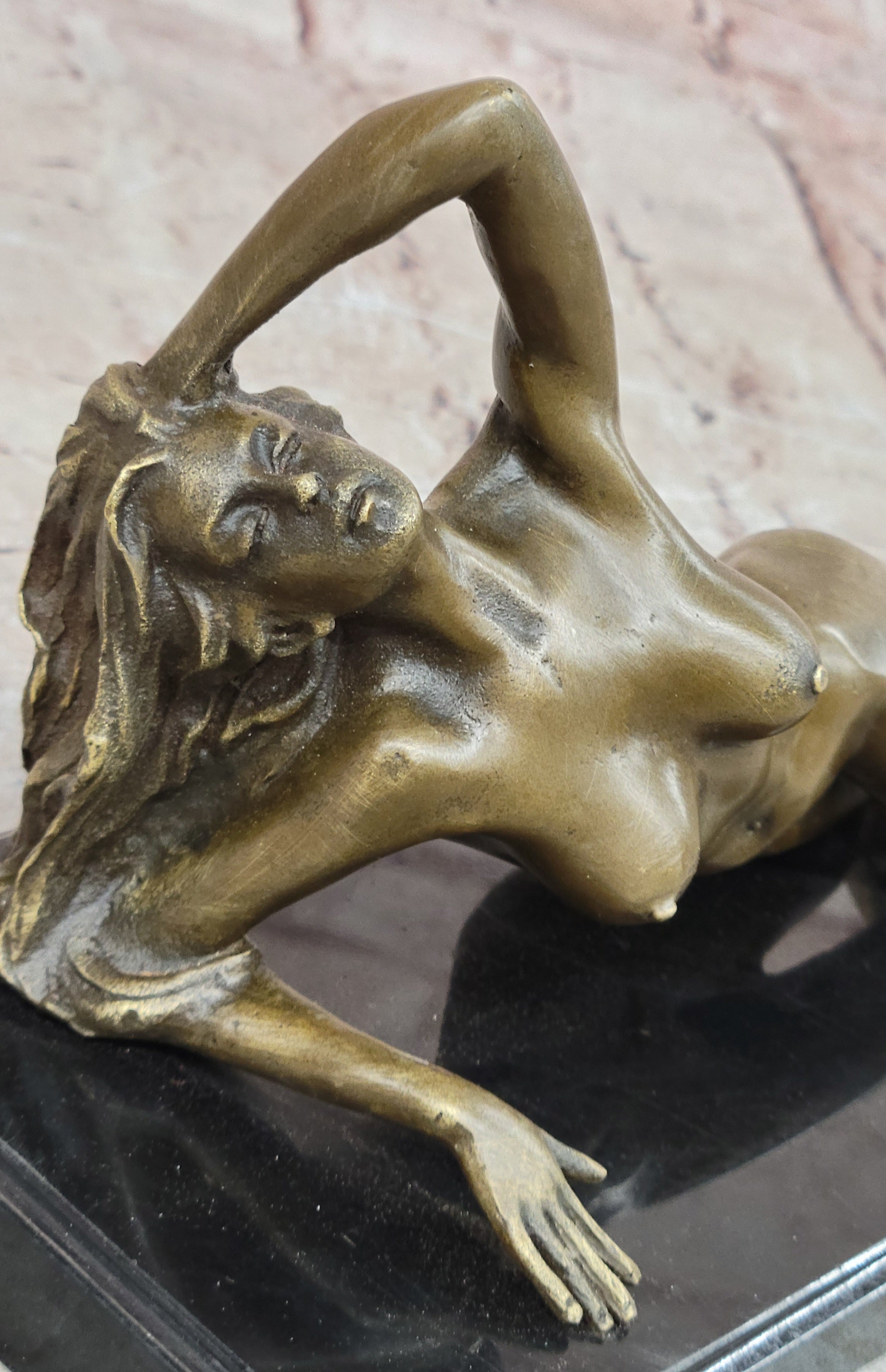 Bronze nude Statue "The Nymph Stripper" Figurine Lost Wax Casting Marble Base