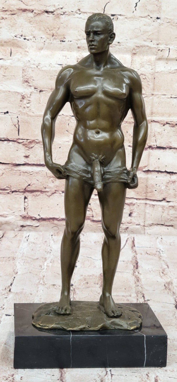 Signed Handcrafted Depict of Nude Gay Man Bronze Sculpture Marble Base Figurine