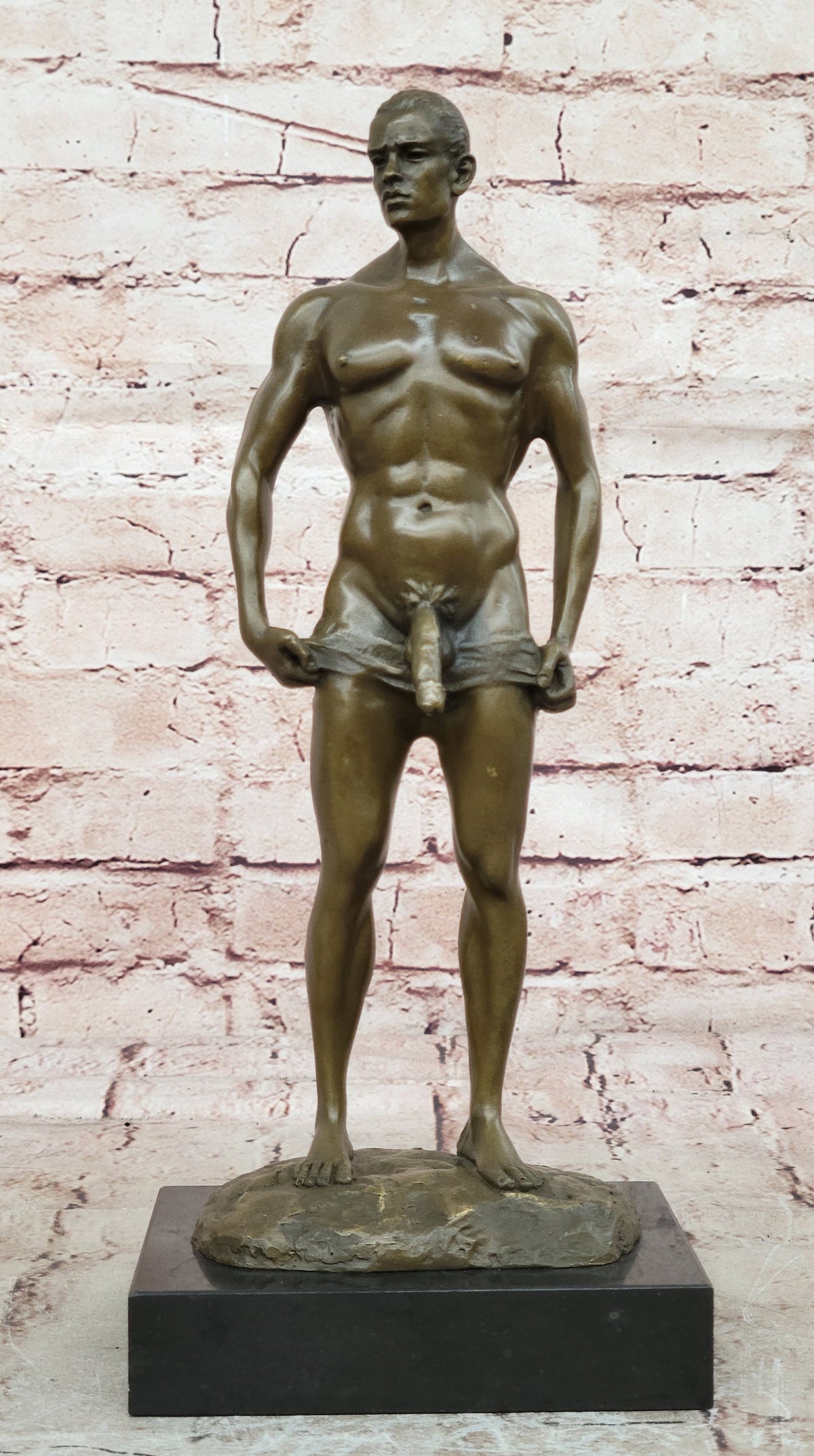 Signed Handcrafted Depict of Nude Gay Man Bronze Sculpture Marble Base Figurine