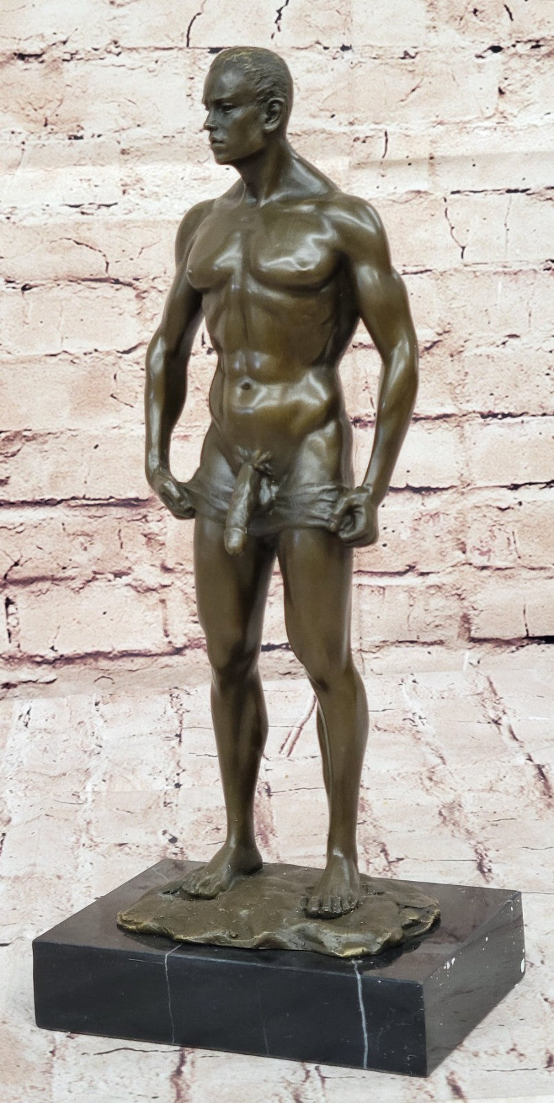 Signed Handcrafted Depict of Nude Gay Man Bronze Sculpture Marble Base Figurine