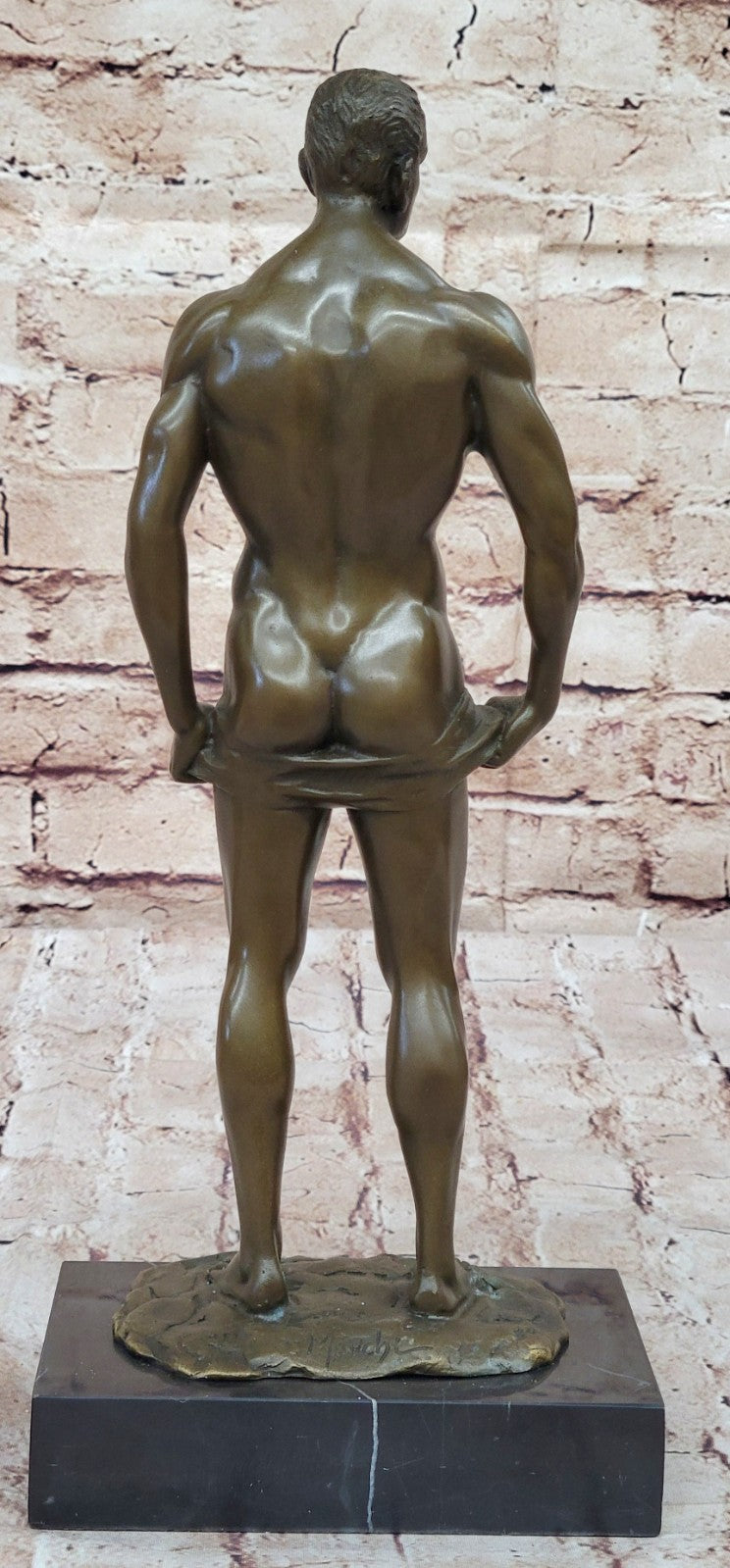 Signed Handcrafted Depict of Nude Gay Man Bronze Sculpture Marble Base Figurine