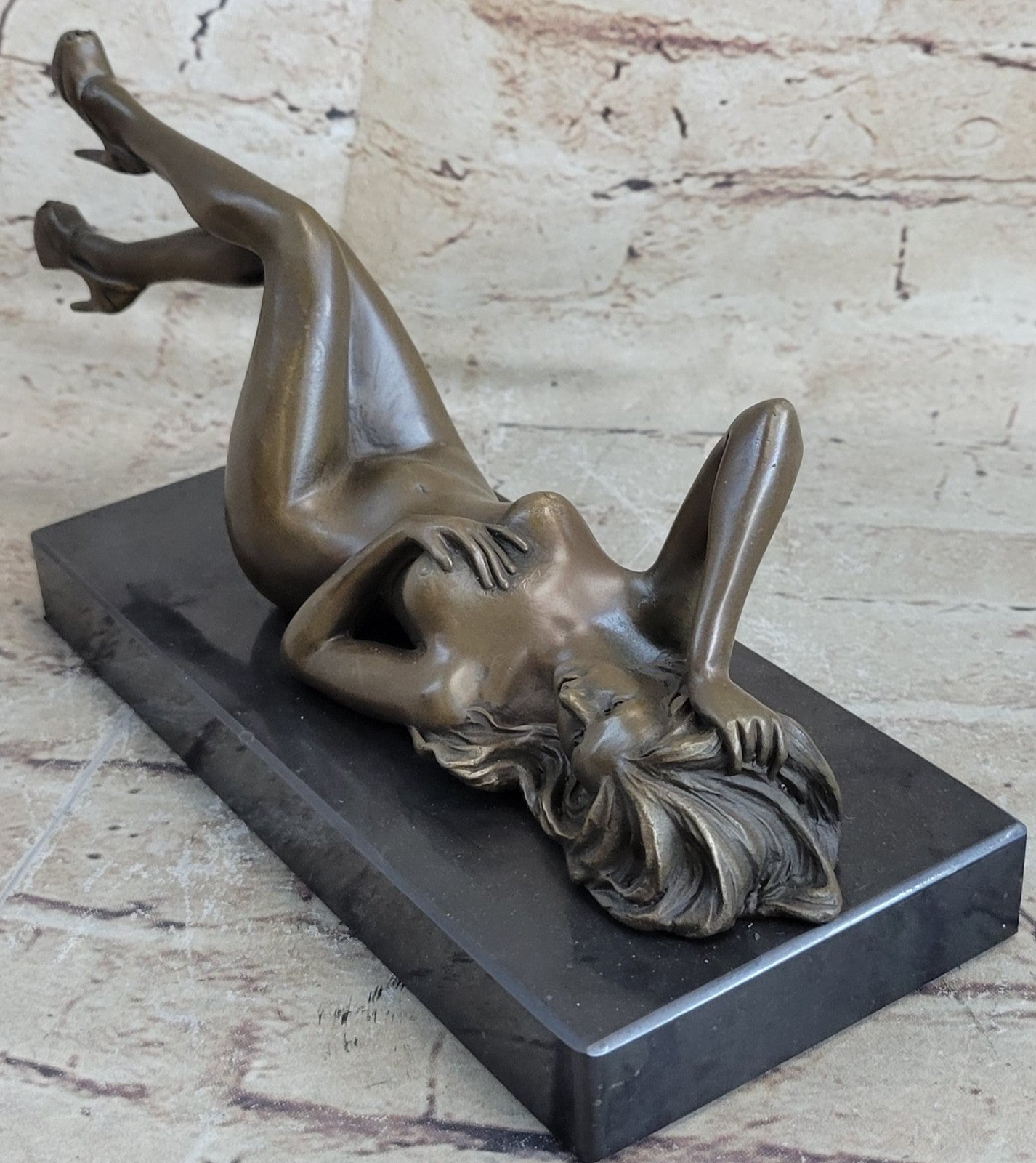 SIGNED: MAVCHI, BRONZE SCULPTURE NUDE GIRL ON MARBLE  FIGURE ABSTRACT MODERN ART