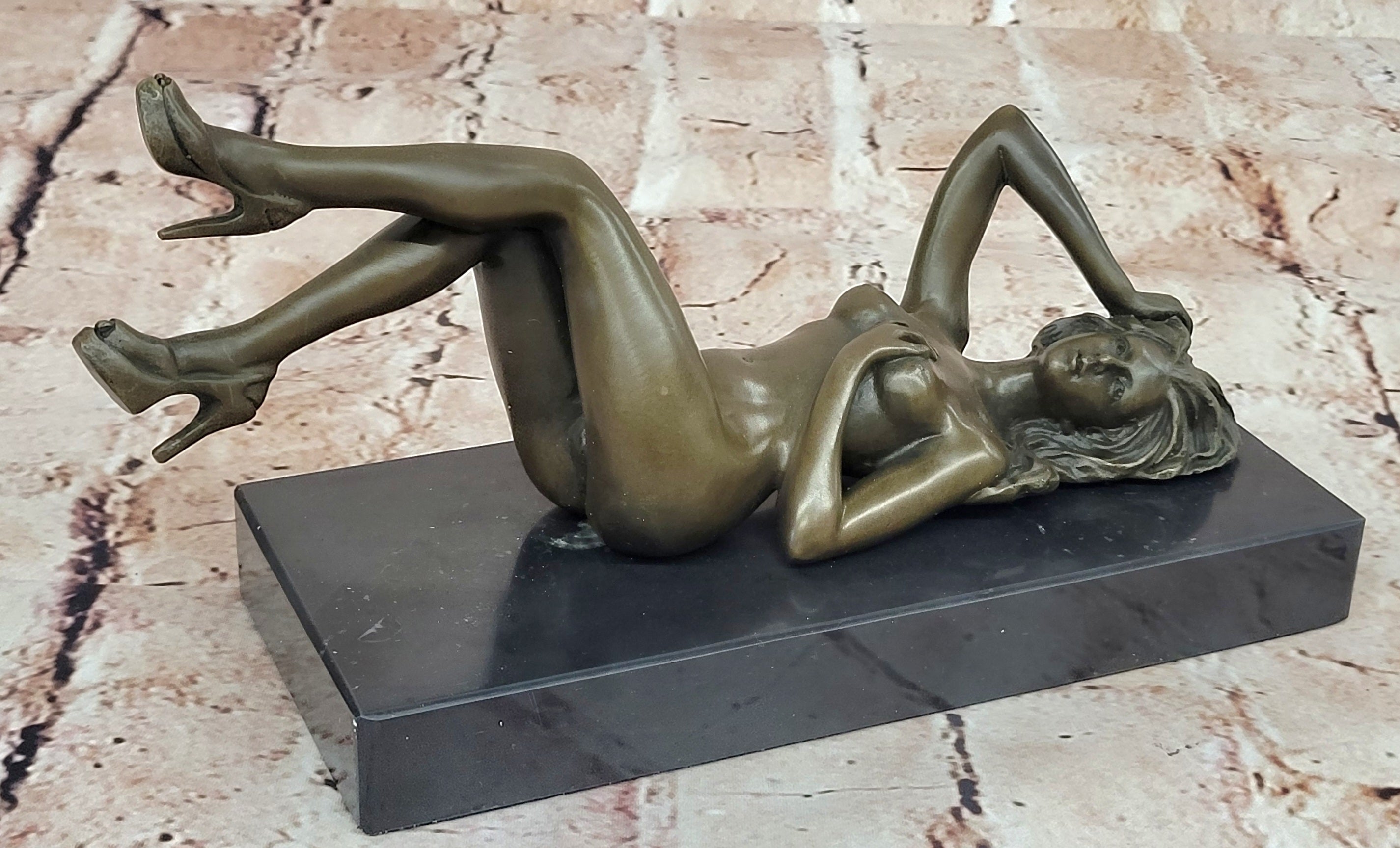 SIGNED: MAVCHI, BRONZE SCULPTURE NUDE GIRL ON MARBLE  FIGURE ABSTRACT MODERN ART