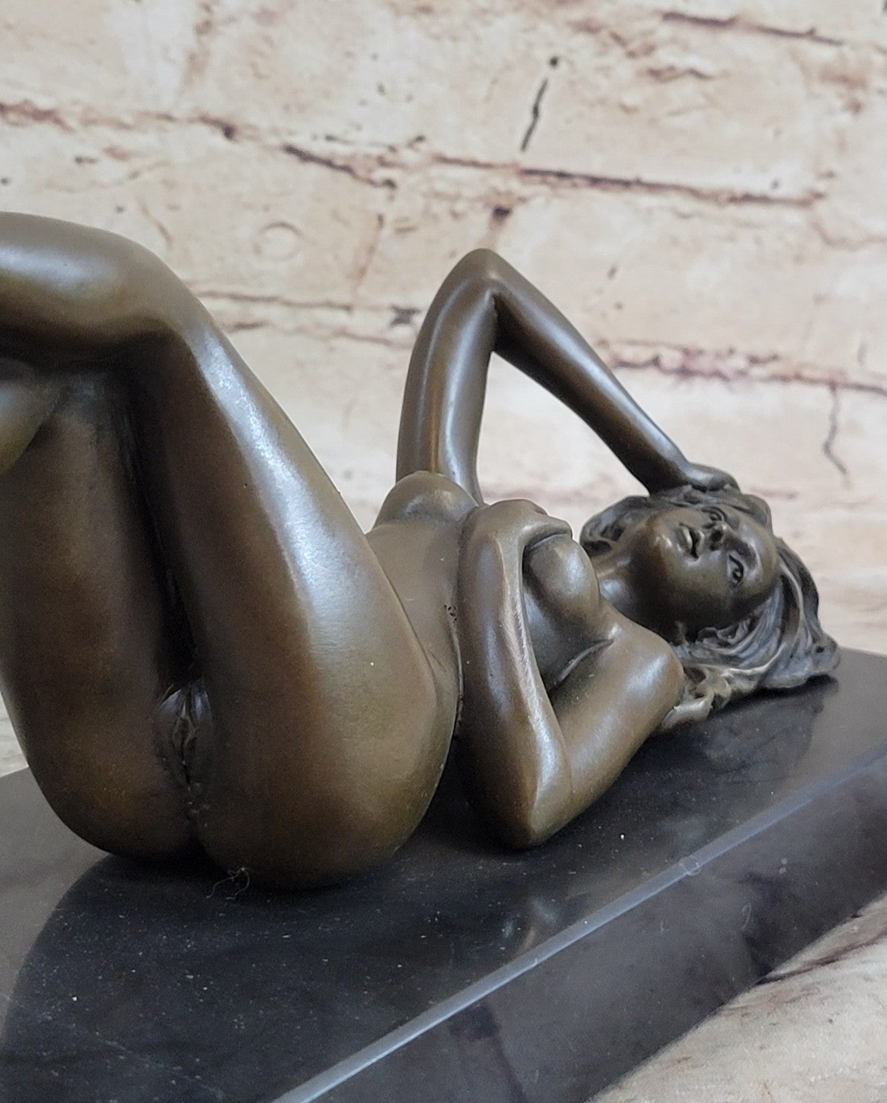 SIGNED: MAVCHI, BRONZE SCULPTURE NUDE GIRL ON MARBLE  FIGURE ABSTRACT MODERN ART