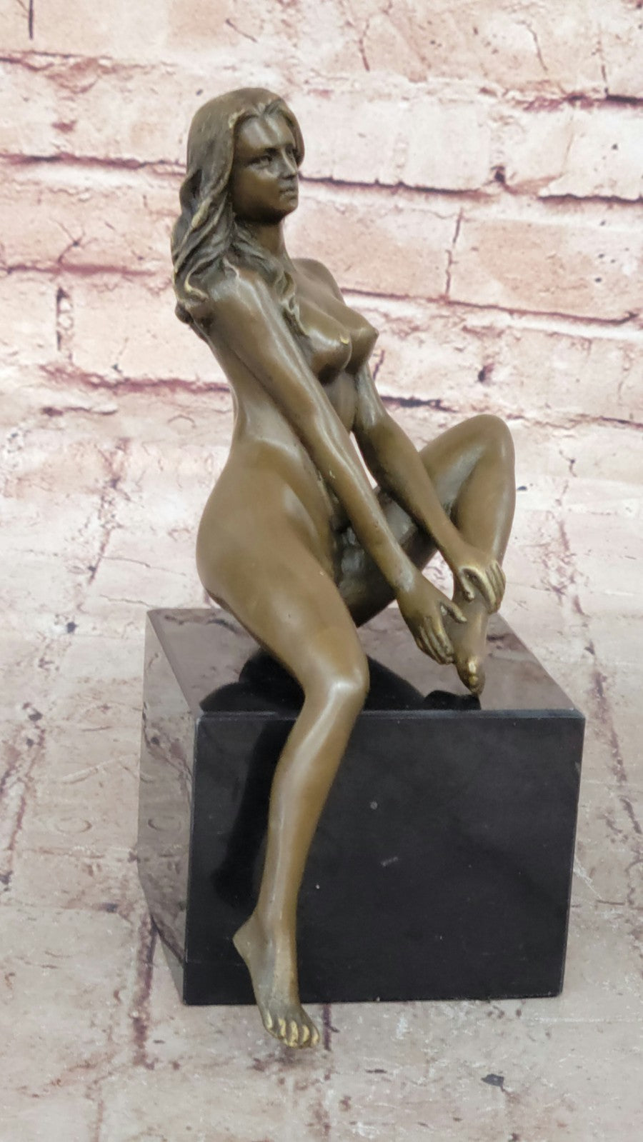 Bronze art sculpture a nude erogenous woman girl lady statue marble base figure