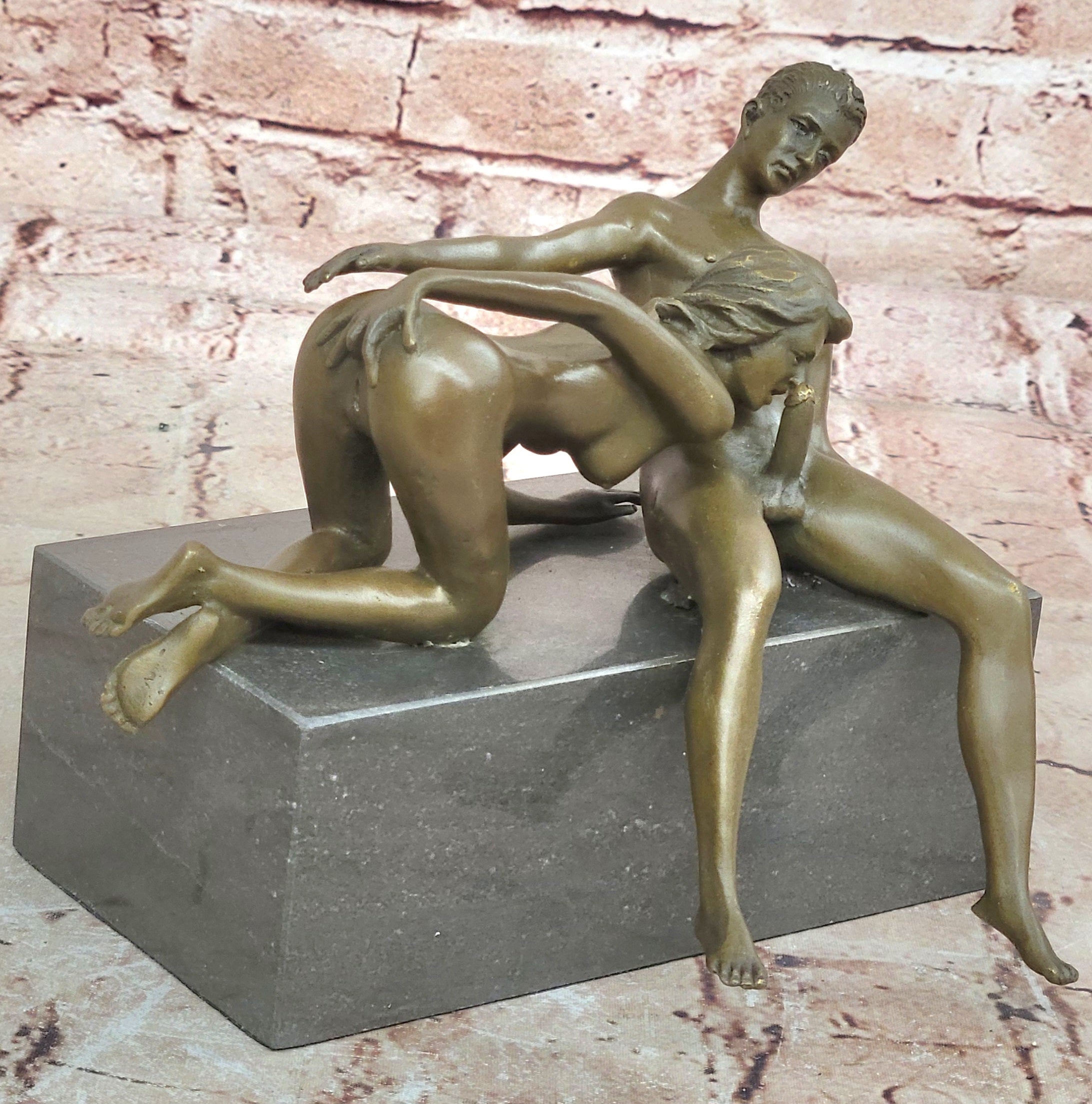 J. Mavchi Nude Erotic Male and Female Duo Couple Bronze Sculpture Art Deco Figure