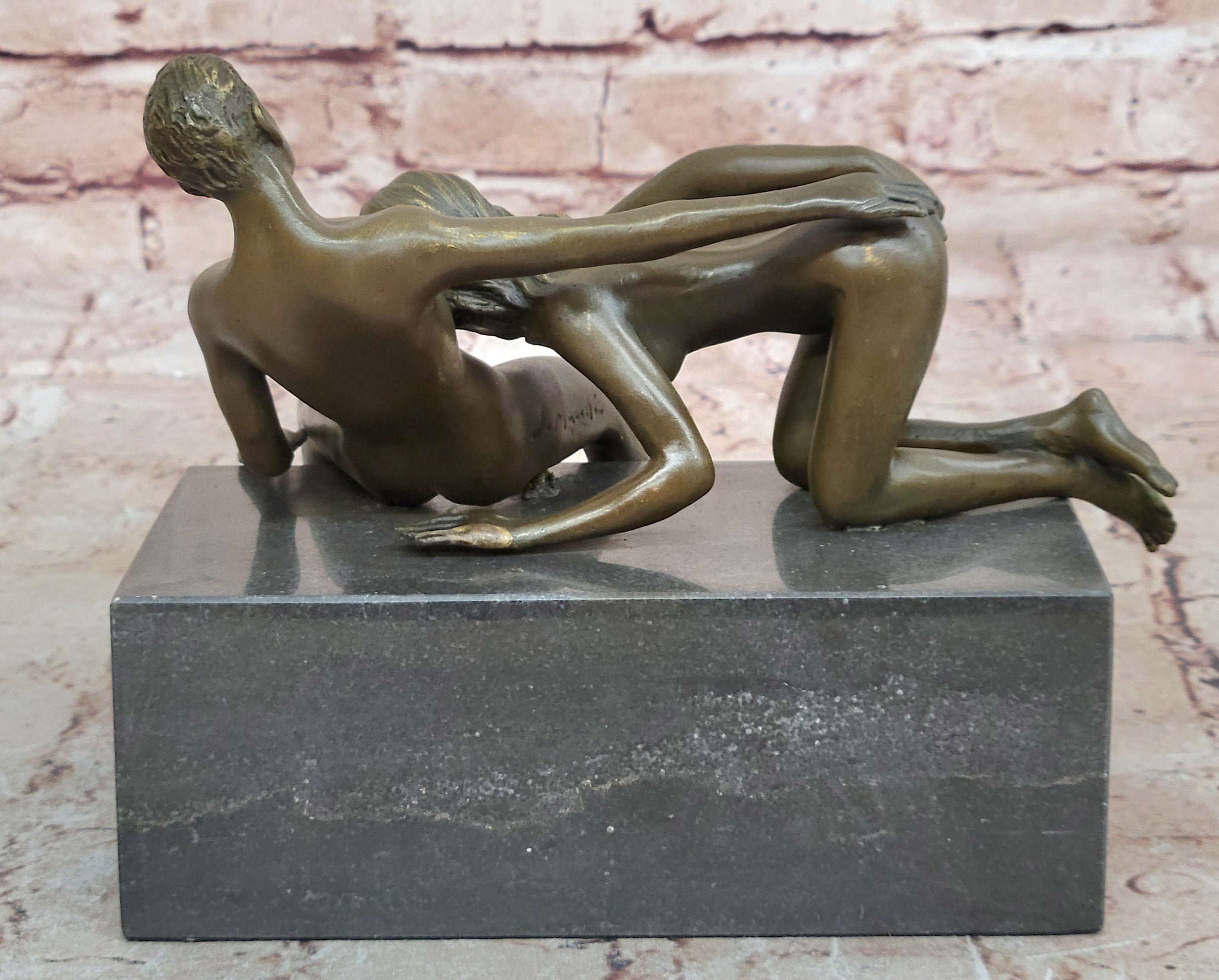 J. Mavchi Nude Erotic Male and Female Duo Couple Bronze Sculpture Art Deco Figure
