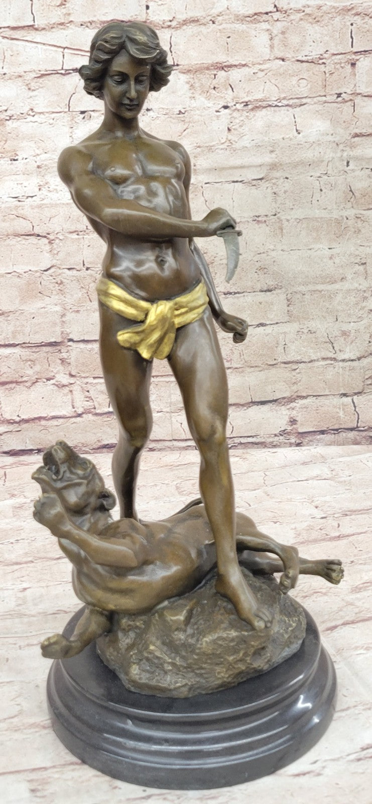 Handcrafted bronze sculpture SALE Leopard Killing Tarzan Young Patina Gold