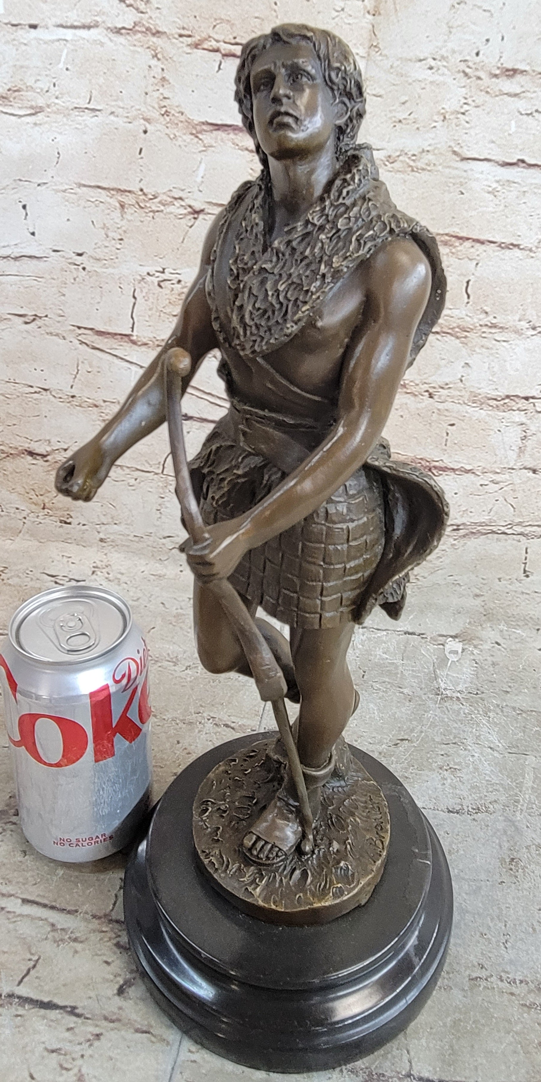 NUDE MUSCULAR YOUNG MAN DRAWING BOW & ARROW - 100% BRONZE STATUE SCULPTURE GIFT