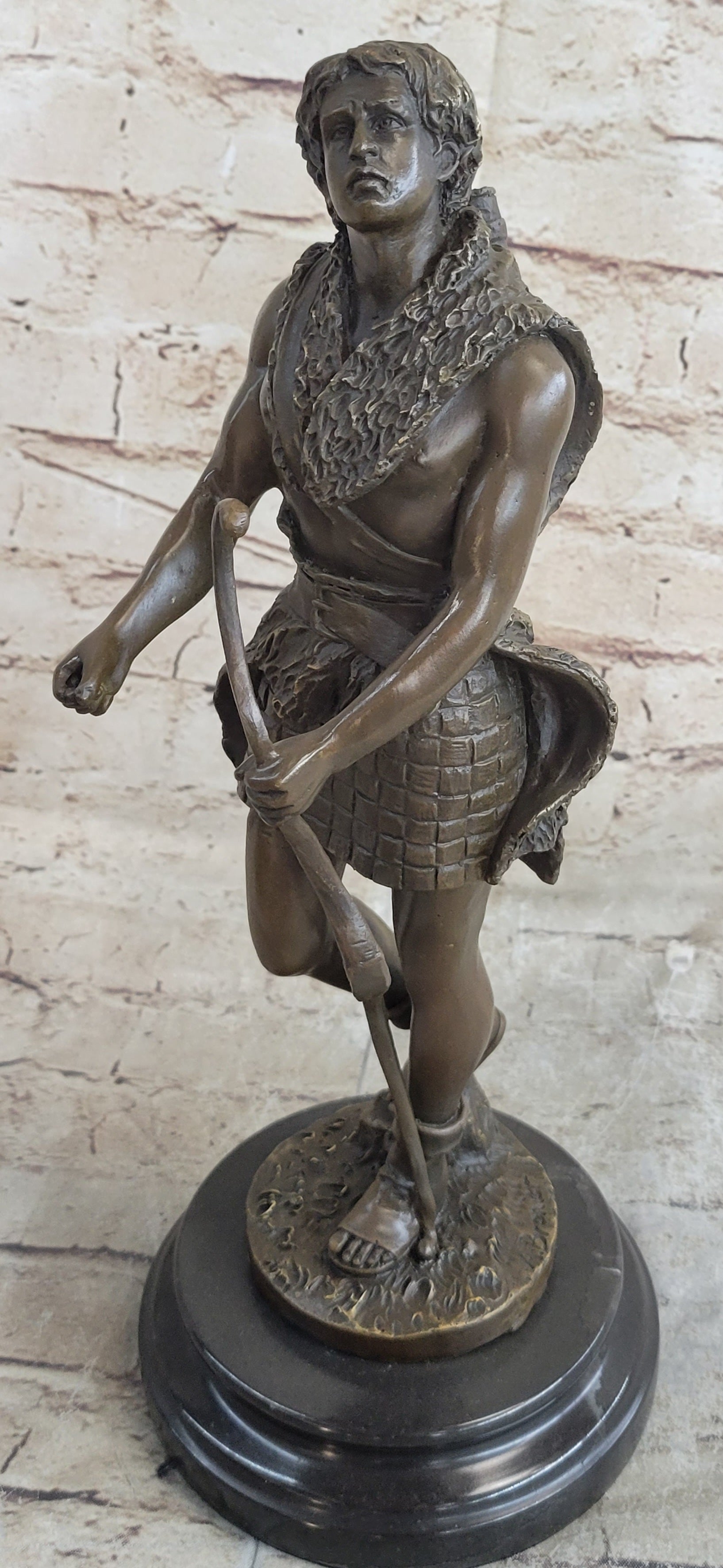 NUDE MUSCULAR YOUNG MAN DRAWING BOW & ARROW - 100% BRONZE STATUE SCULPTURE GIFT