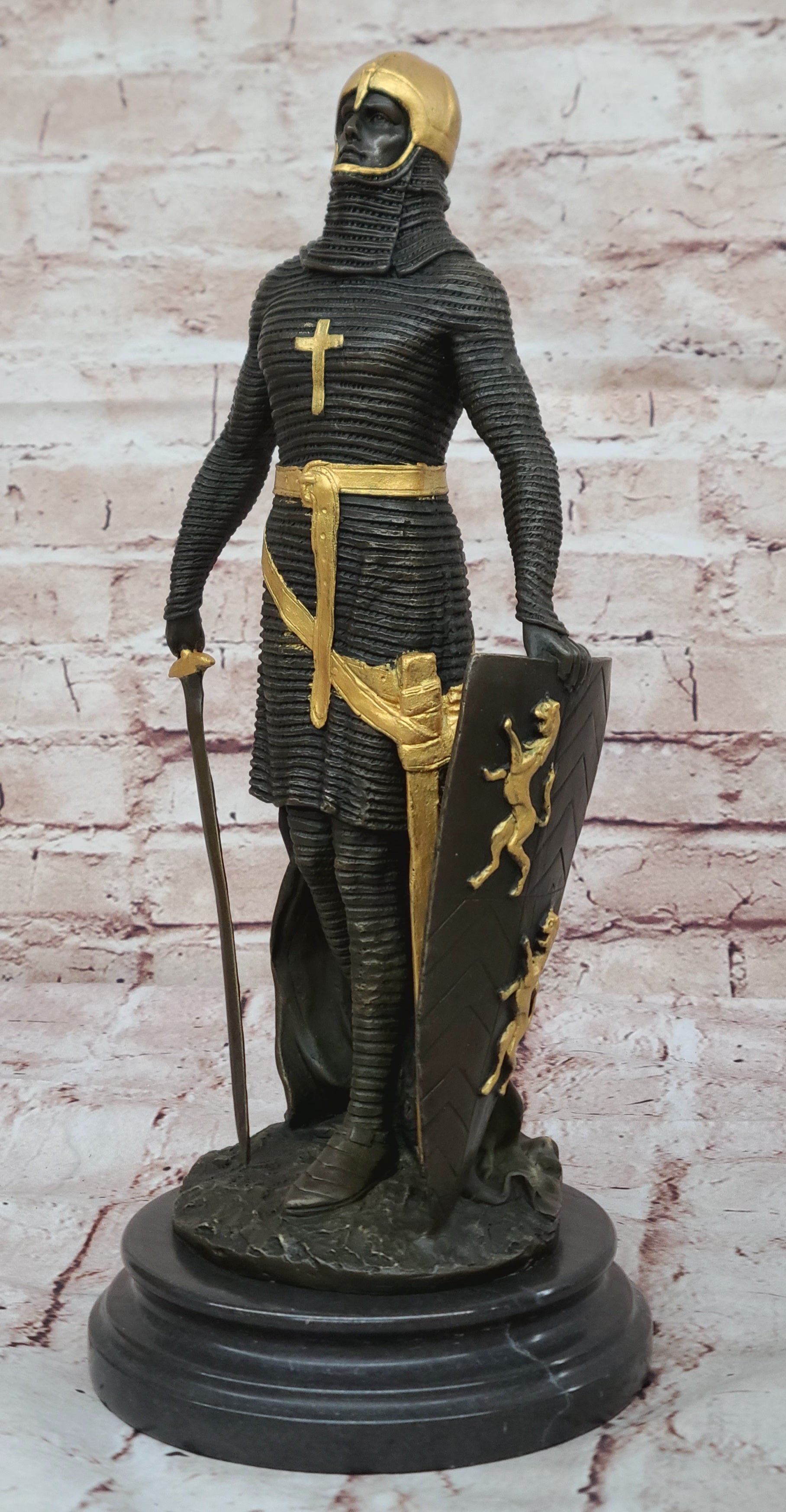 Handcrafted bronze sculpture SALE Art Warrior Knight Armor Base Marble Figurine