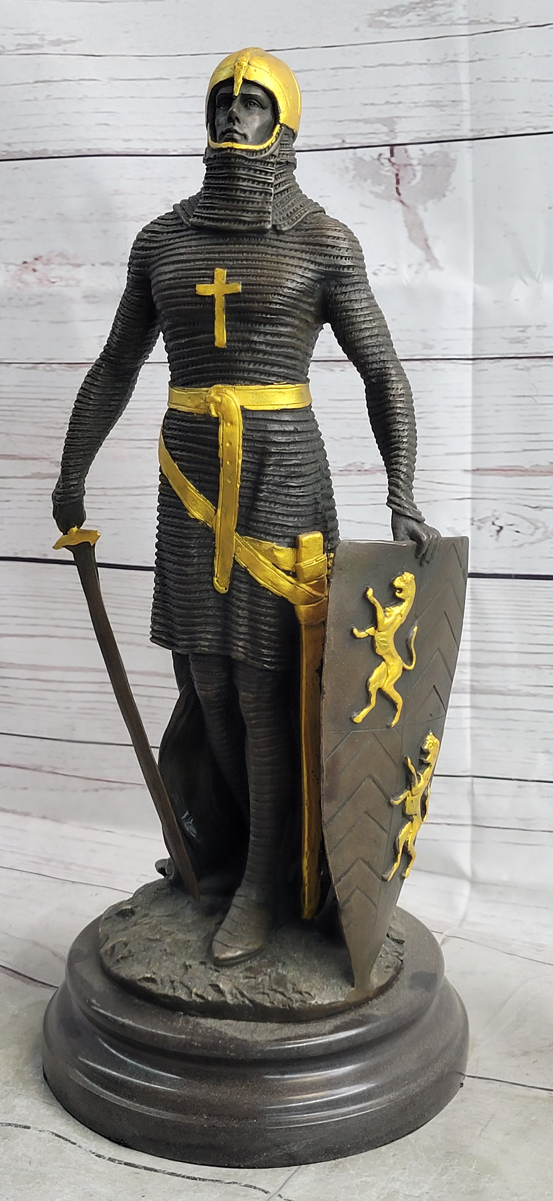 Handcrafted bronze sculpture SALE Art Warrior Knight Armor Base Marble Figurine
