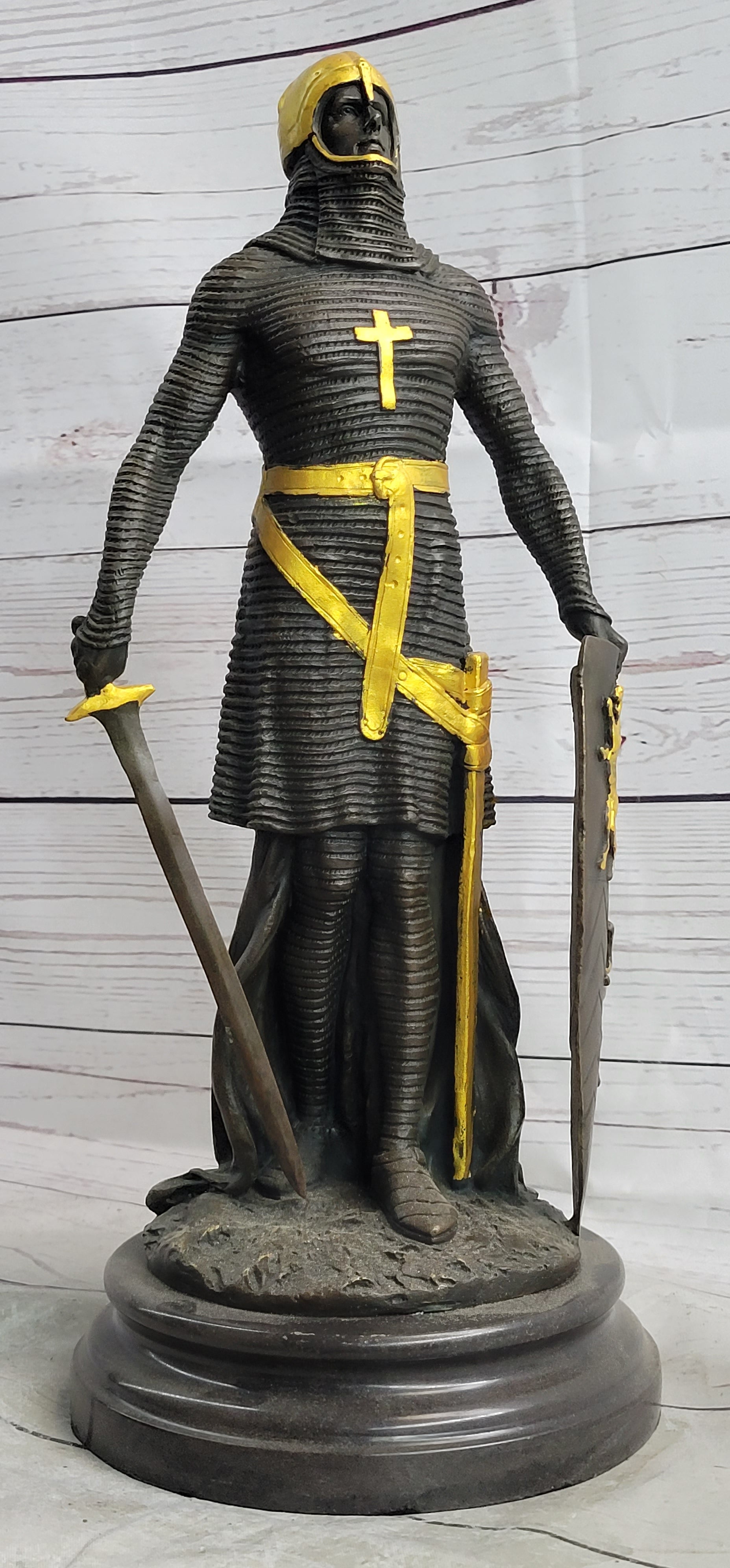 Handcrafted bronze sculpture SALE Art Warrior Knight Armor Base Marble Figurine