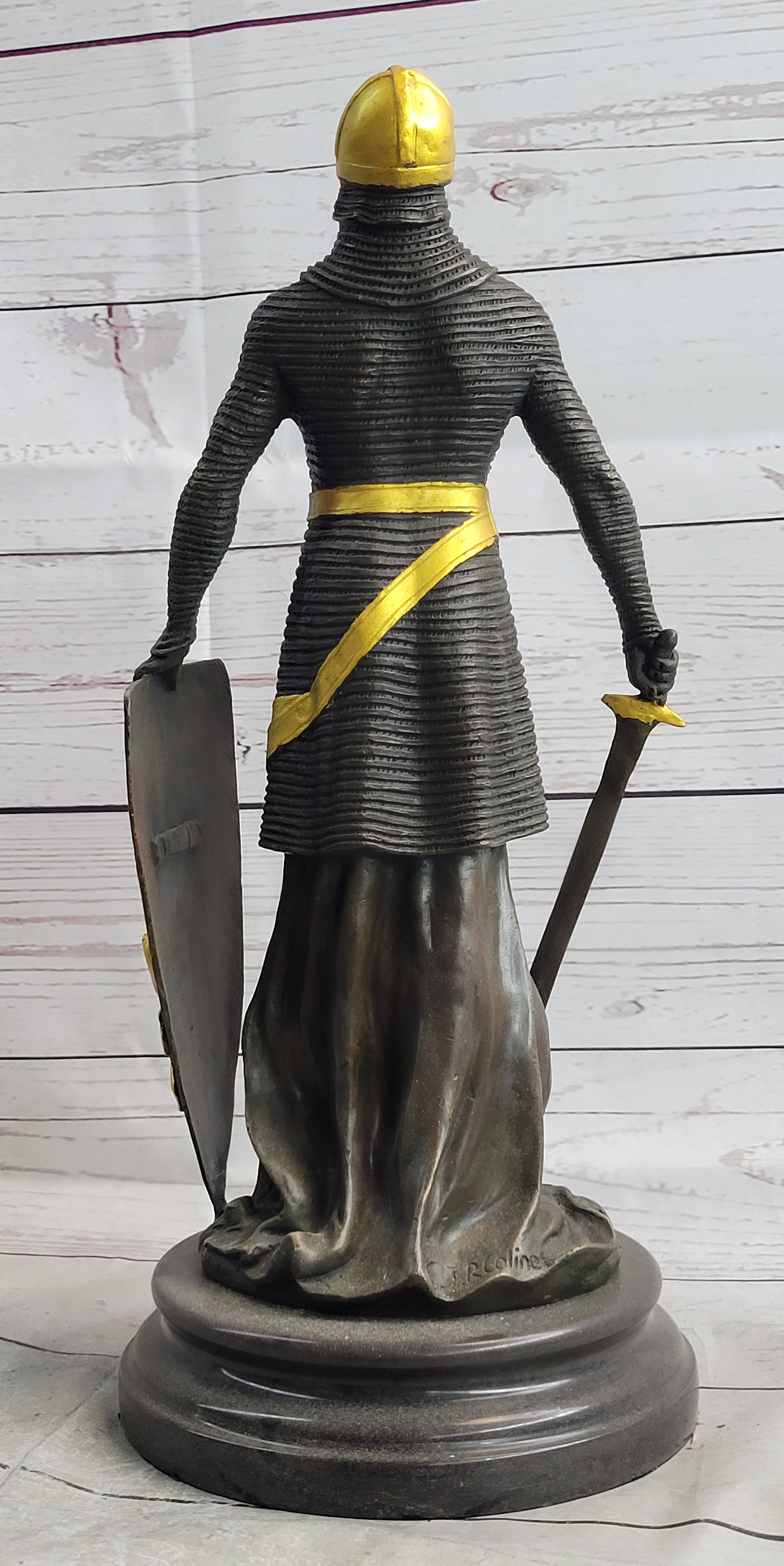 Handcrafted bronze sculpture SALE Art Warrior Knight Armor Base Marble Figurine