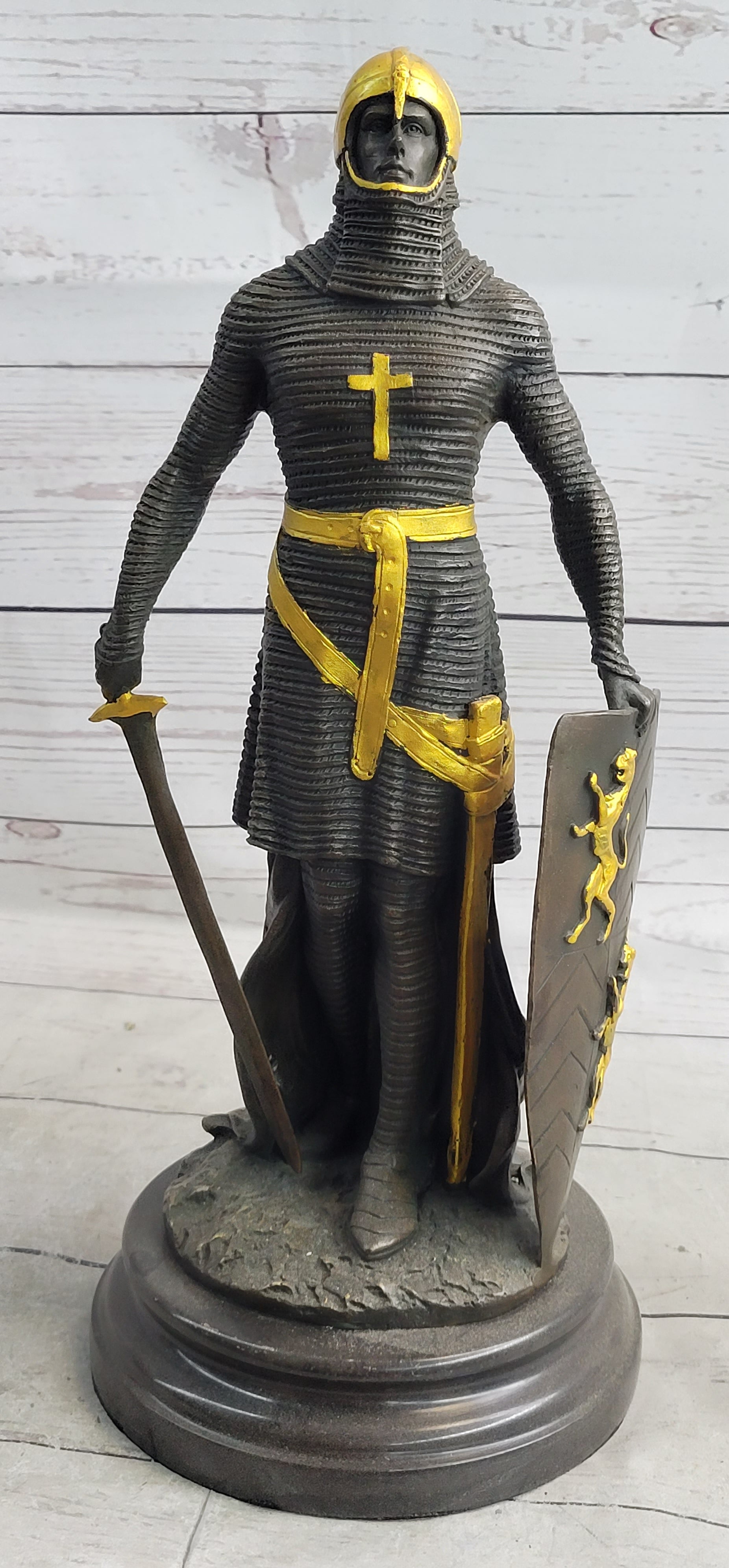 Handcrafted bronze sculpture SALE Art Warrior Knight Armor Base Marble Figurine