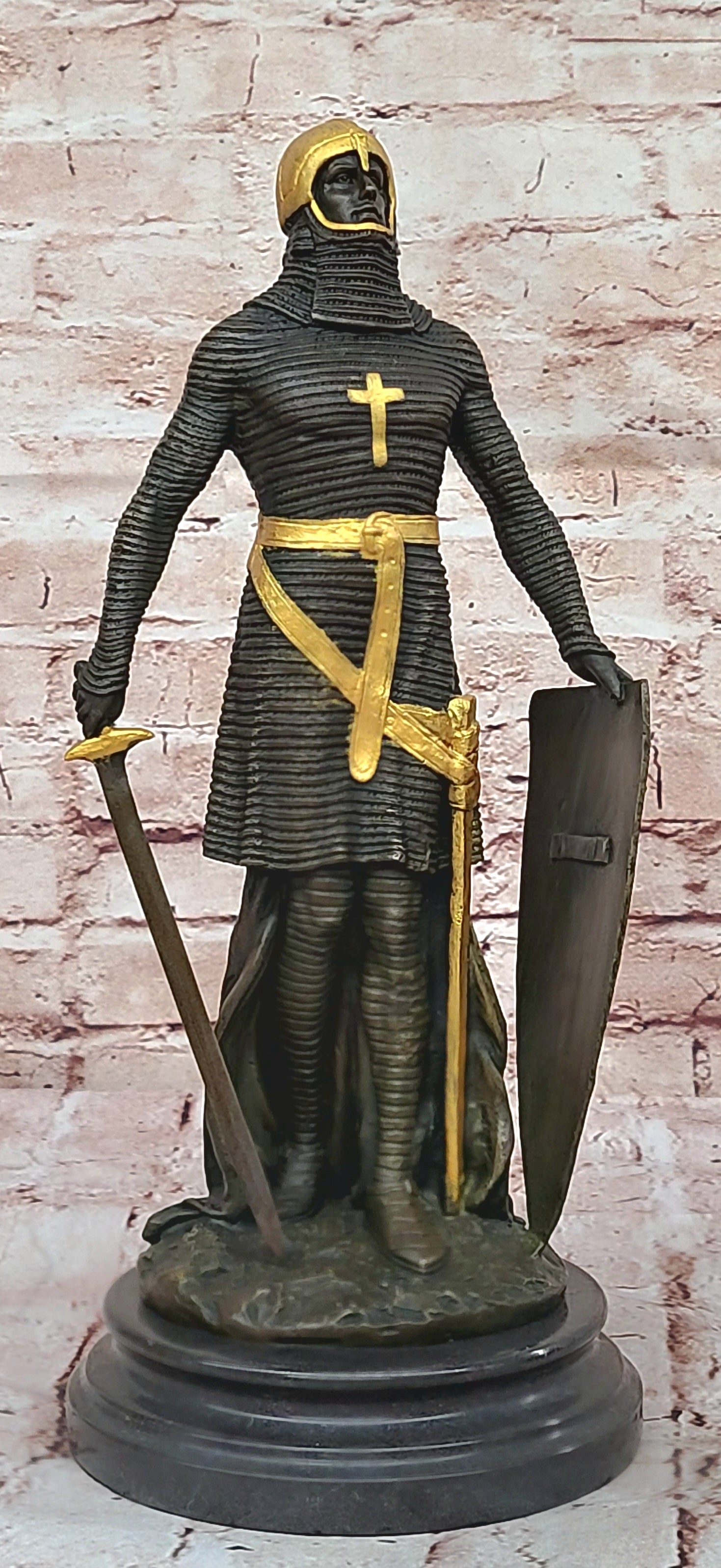 Handcrafted bronze sculpture SALE Art Warrior Knight Armor Base Marble Figurine