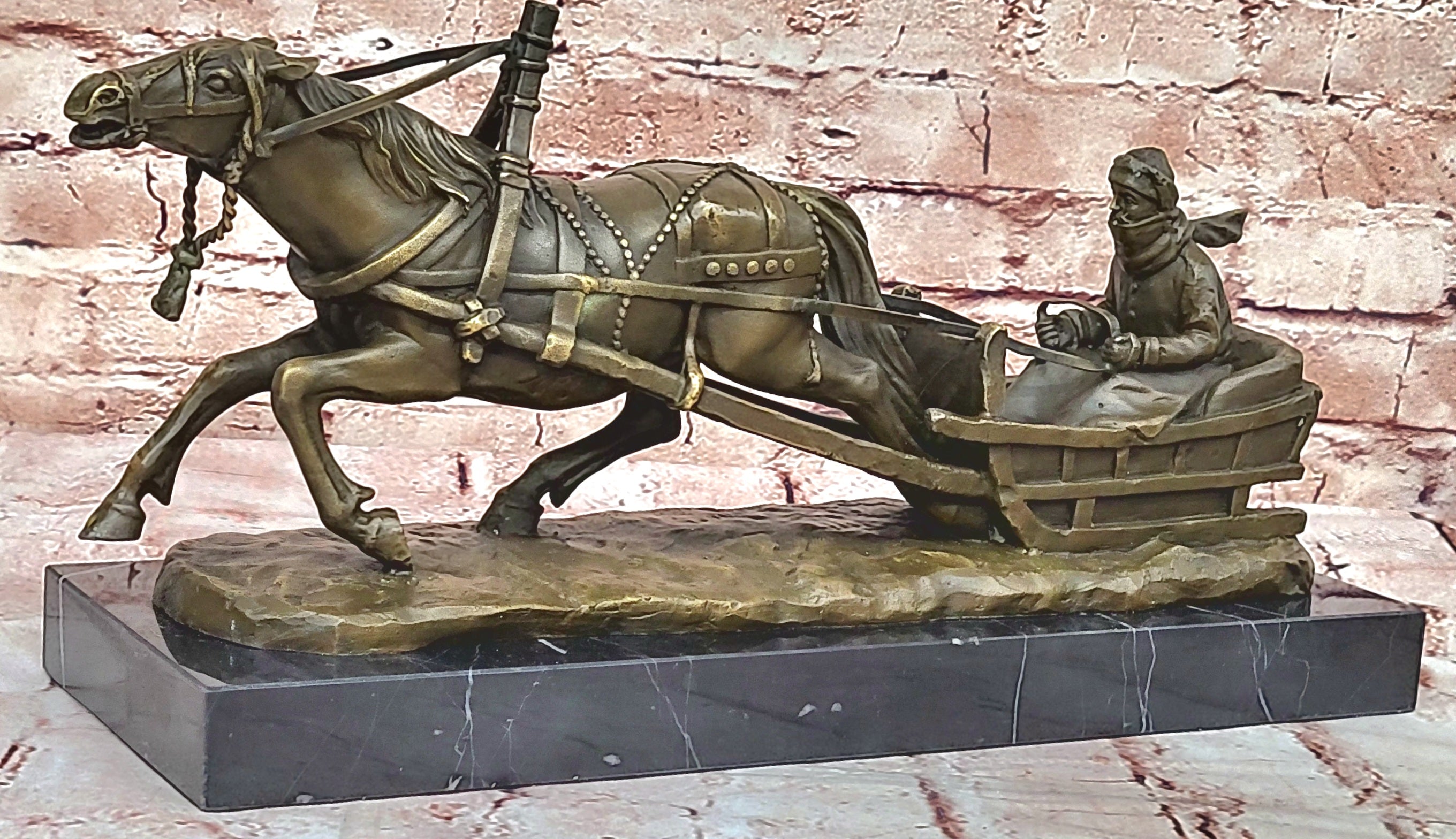 Handcrafted Detailed Horse Pulling a Sleigh Bronze Sculpture Statue Figurine