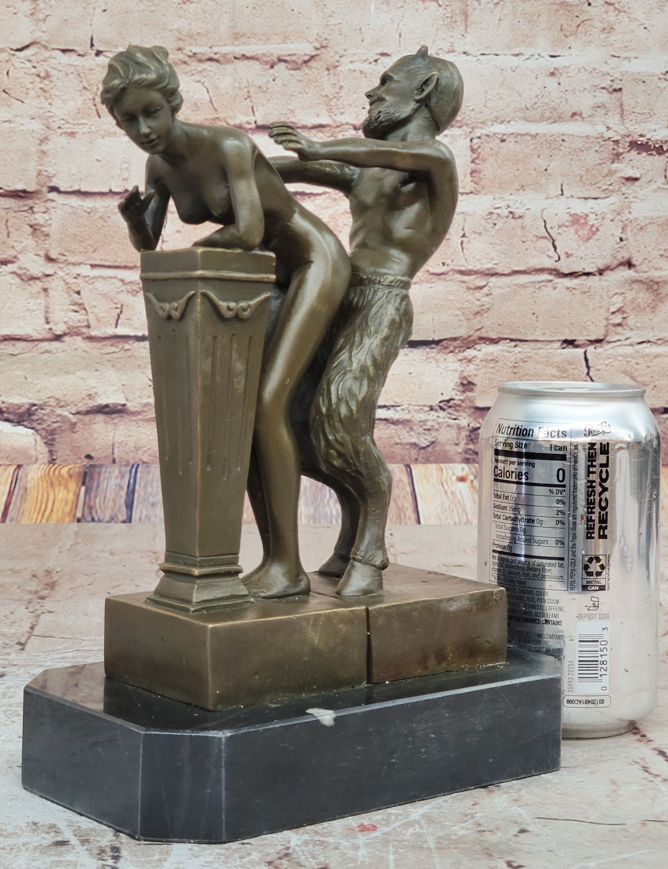 Signed Large Satyr and Nymph by Bergman Bronze Sculpture Marble Base Statue Nude