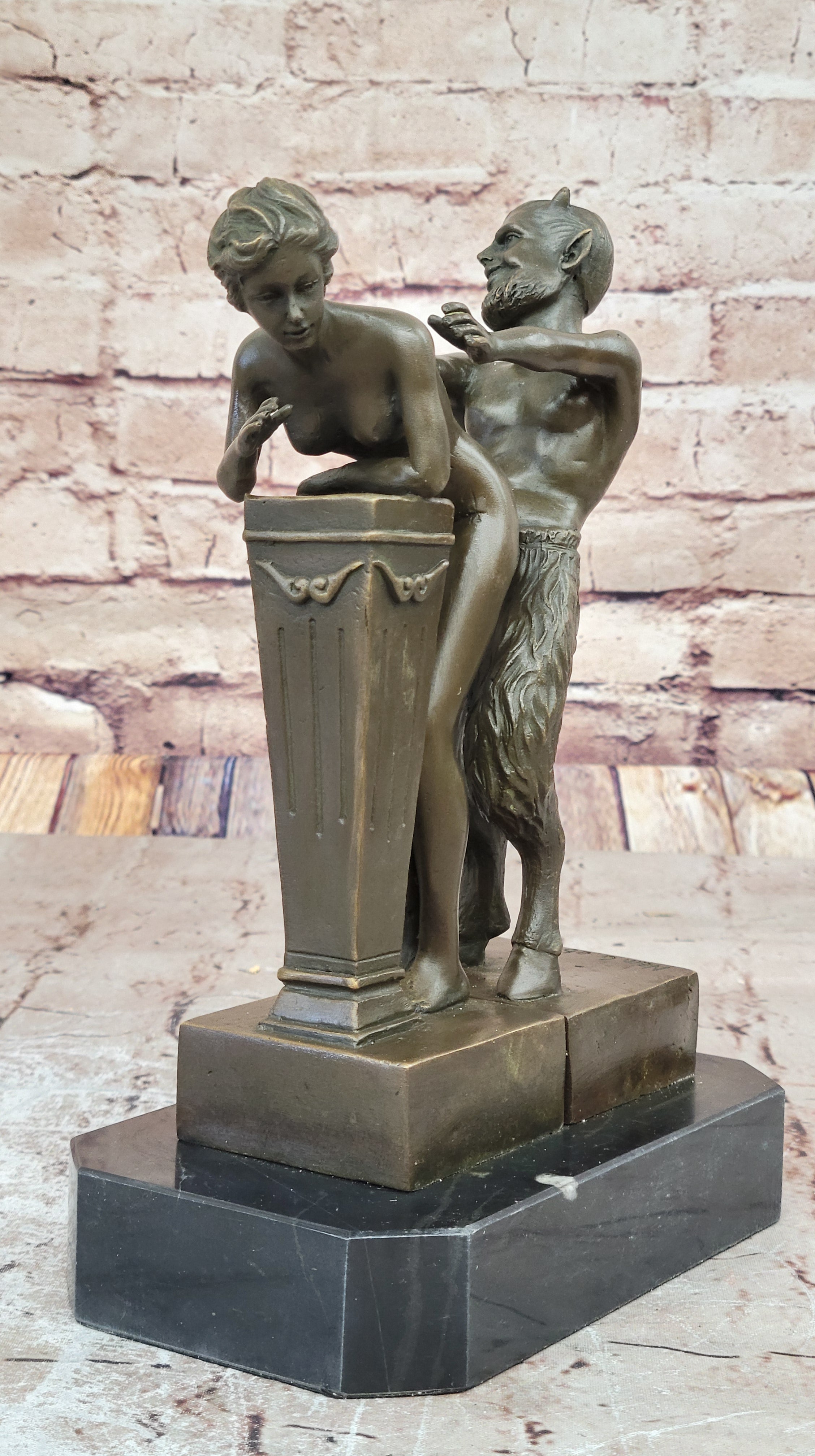 Signed Large Satyr and Nymph by Bergman Bronze Sculpture Marble Base Statue Nude