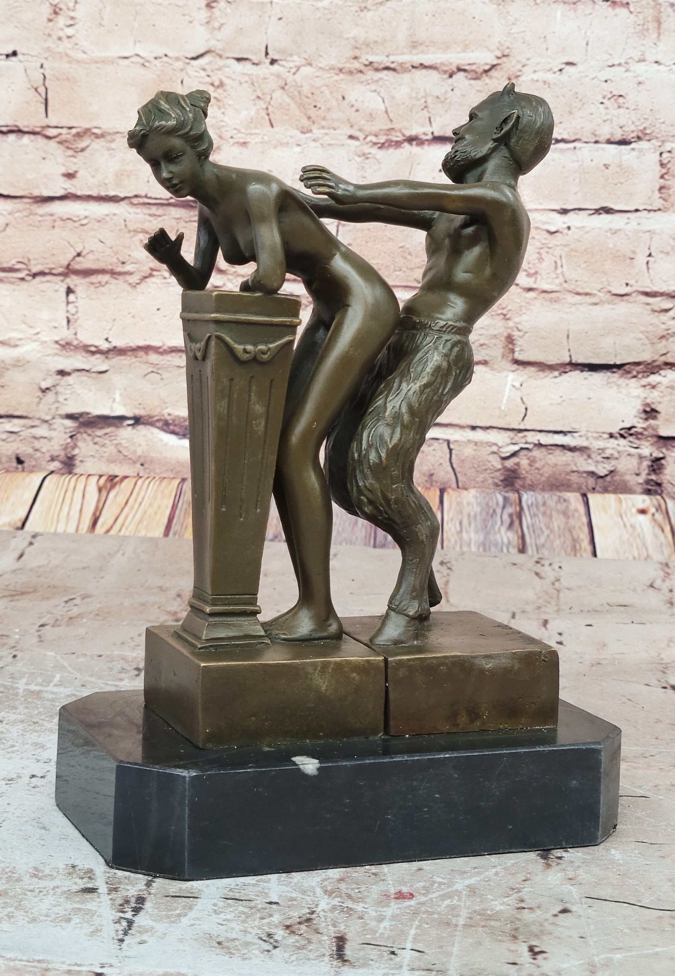 Signed Large Satyr and Nymph by Bergman Bronze Sculpture Marble Base Statue Nude