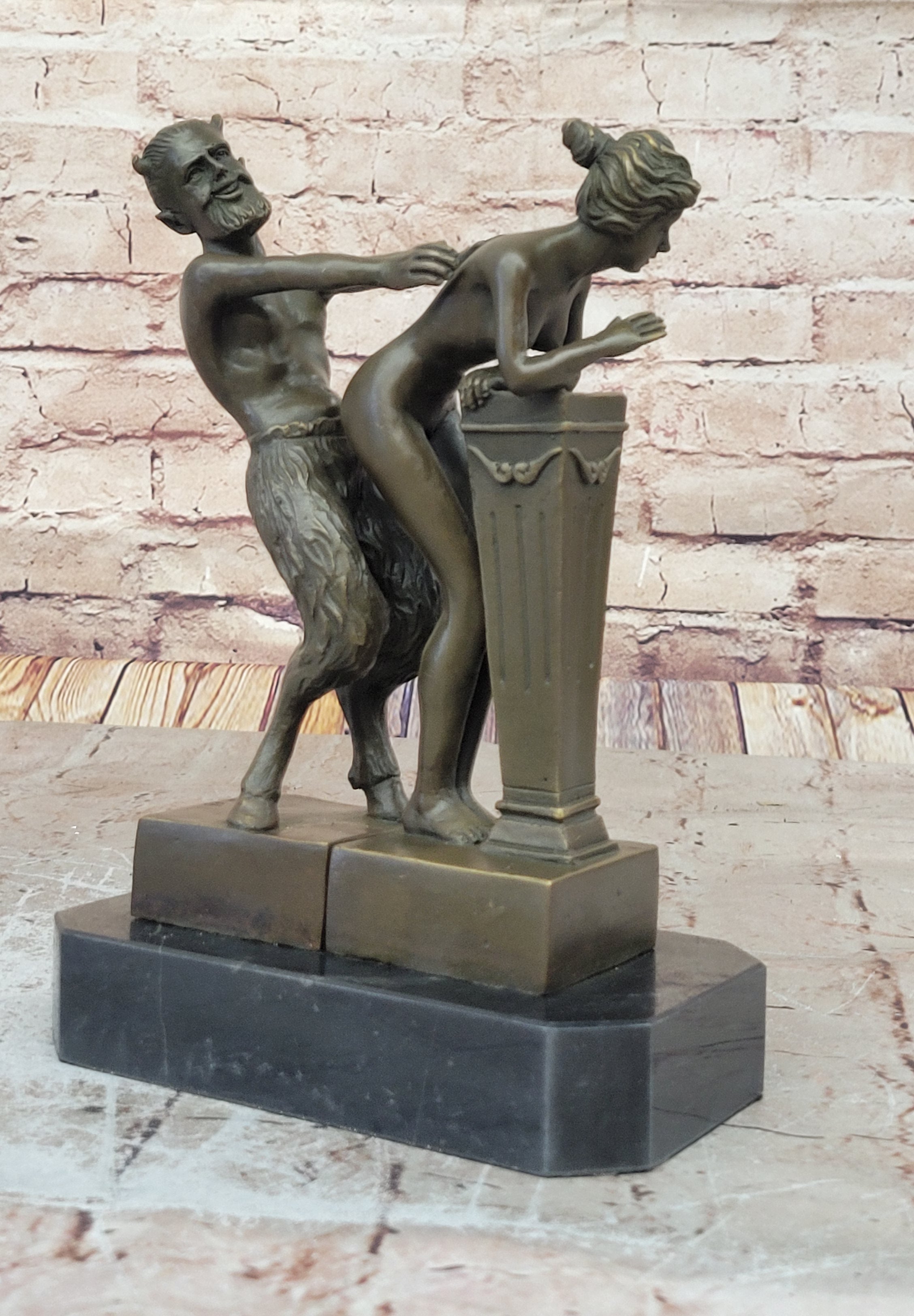 Signed Large Satyr and Nymph by Bergman Bronze Sculpture Marble Base Statue Nude