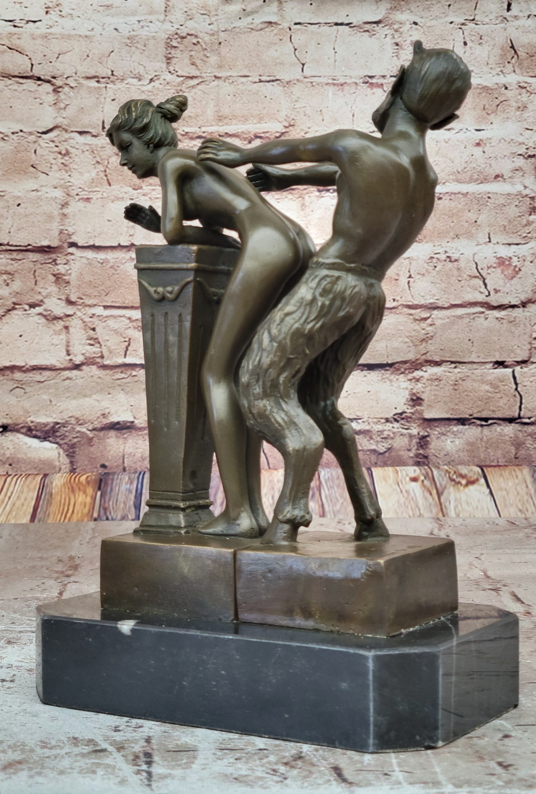 Signed Large Satyr and Nymph by Bergman Bronze Sculpture Marble Base Statue Nude