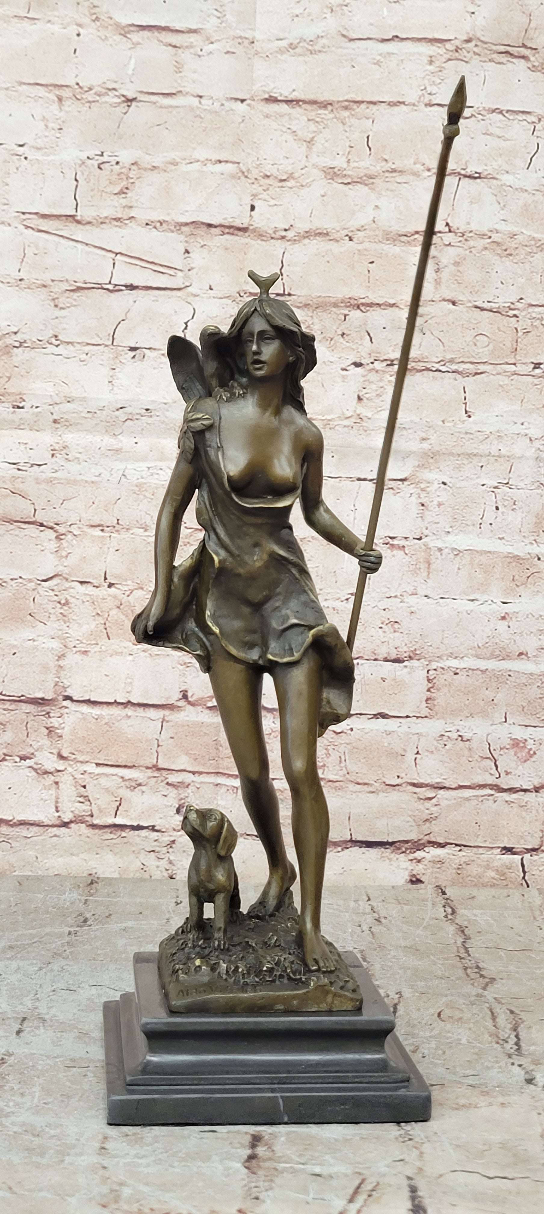 Diana the Huntress Goddess Hunting Handmade Bronze Figure Sculpture Brown Patina