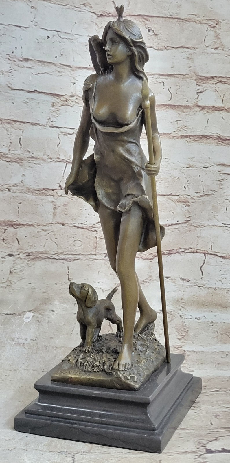 Diana the Huntress Goddess Hunting Handmade Bronze Figure Sculpture Brown Patina