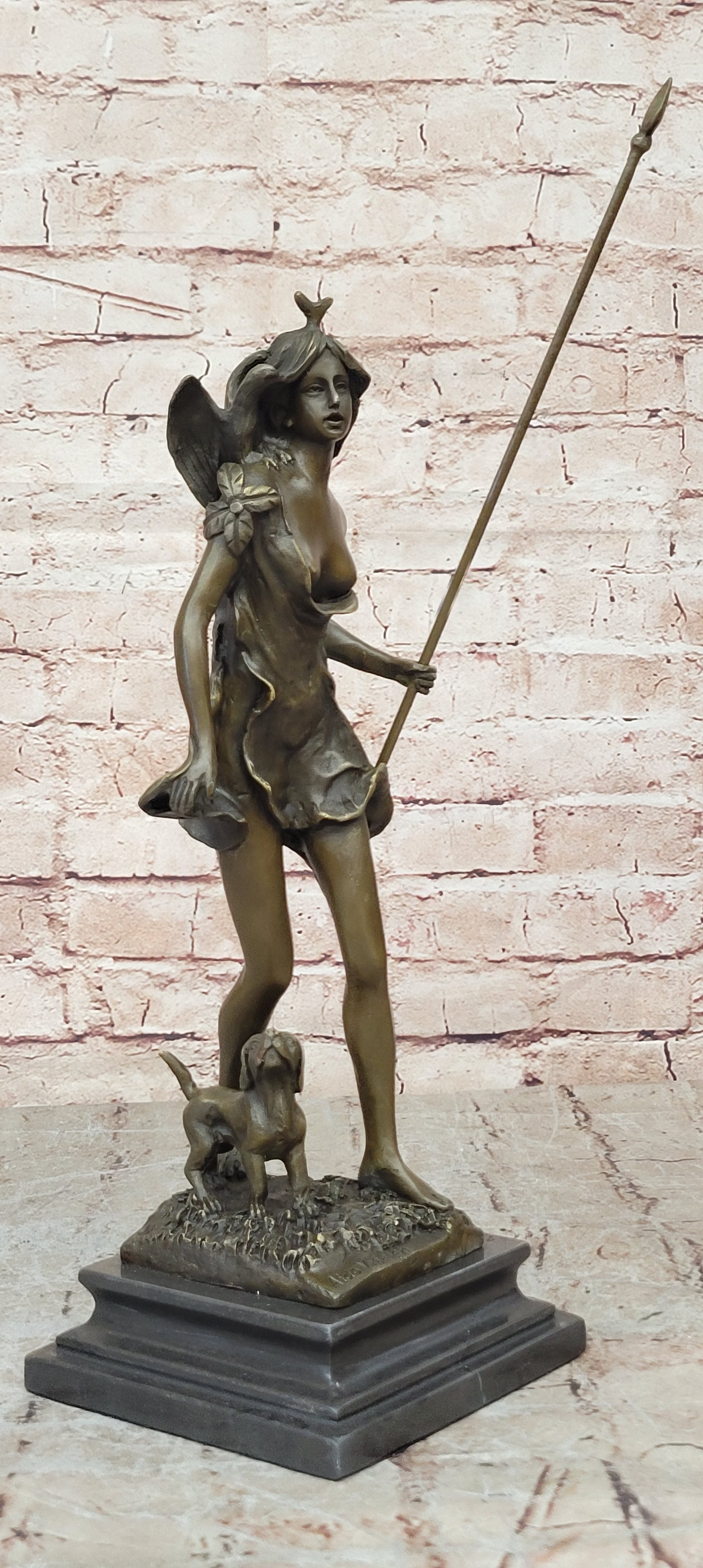 Diana the Huntress Goddess Hunting Handmade Bronze Figure Sculpture Brown Patina