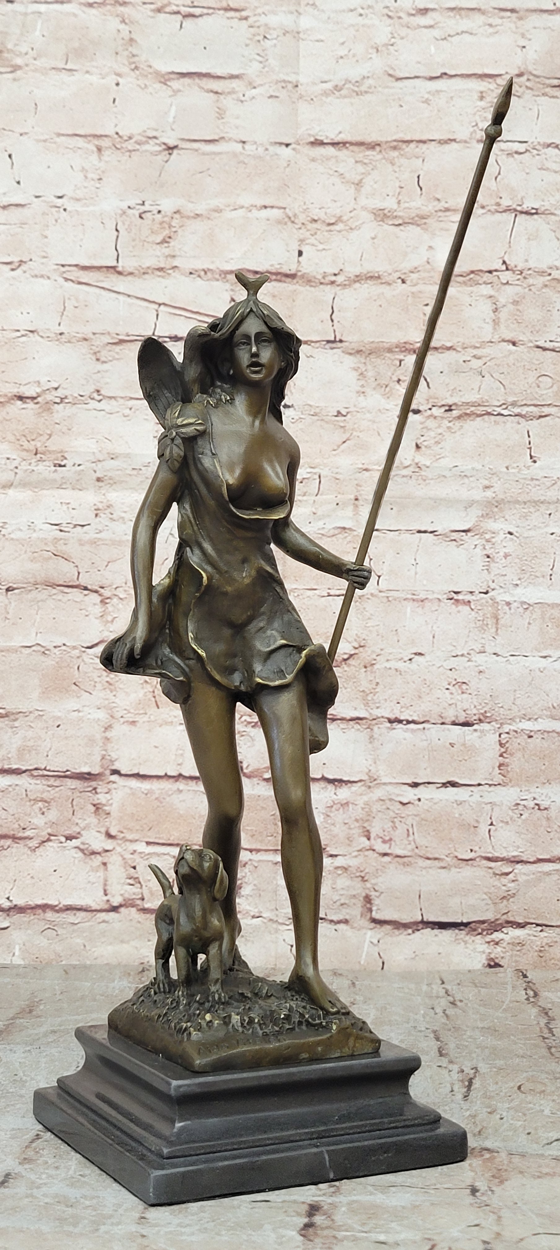 Diana the Huntress Goddess Hunting Handmade Bronze Figure Sculpture Brown Patina