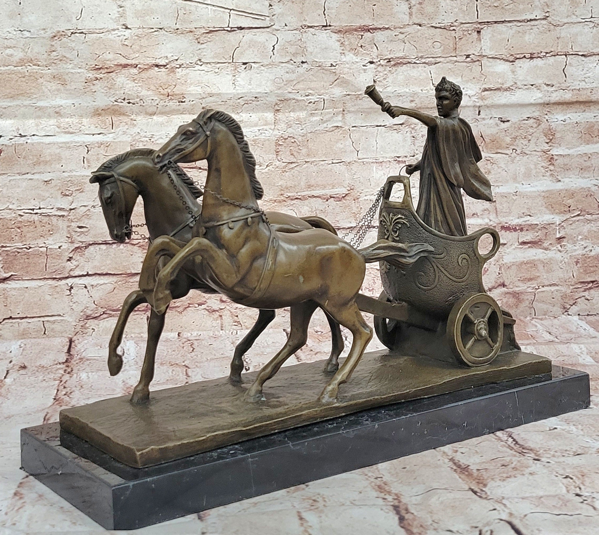 17 Inch Roman Chariot Hot Cast Decorative Figurine, Genuine Designer Bronze